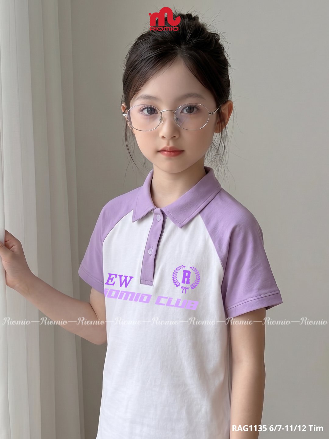 Áo polo cotton co giãn in hình bé gái 6–12 tuổi