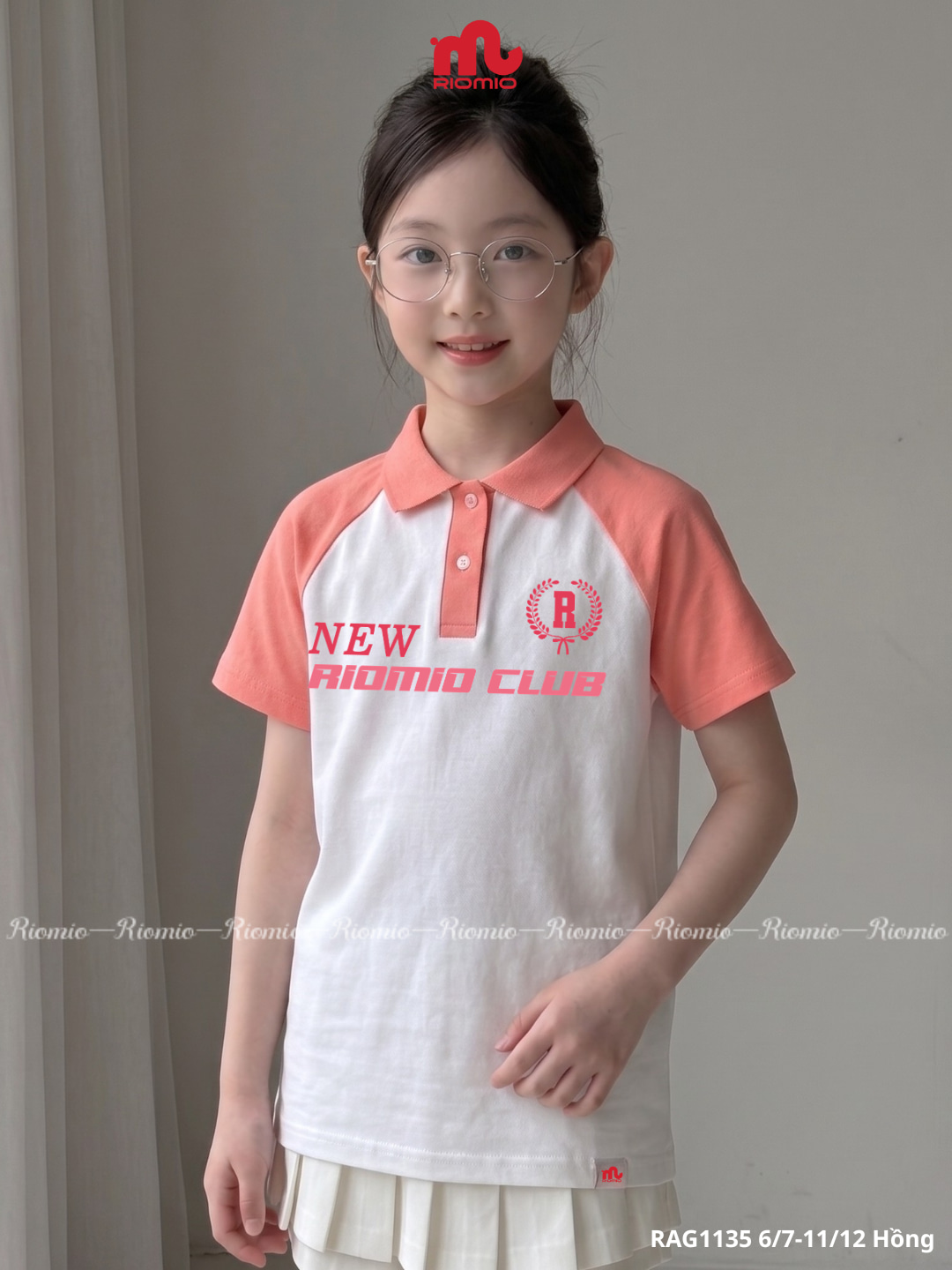 Áo polo cotton co giãn in hình bé gái 6–12 tuổi