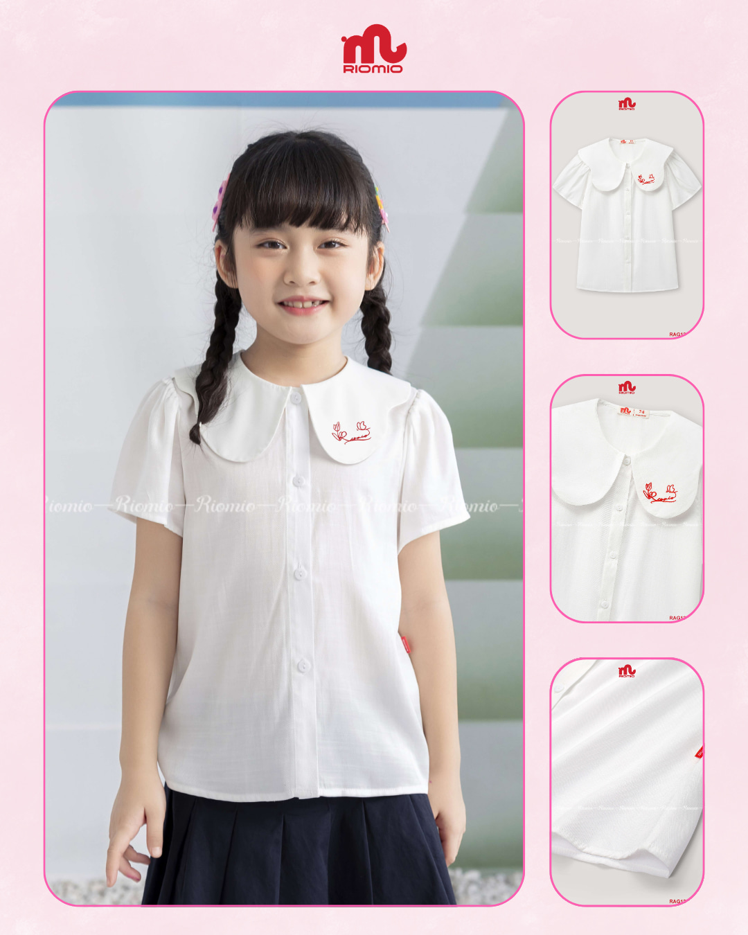 Áo sơ mi đũi cổ bản to thêu chữ bé gái 6–10 tuổi