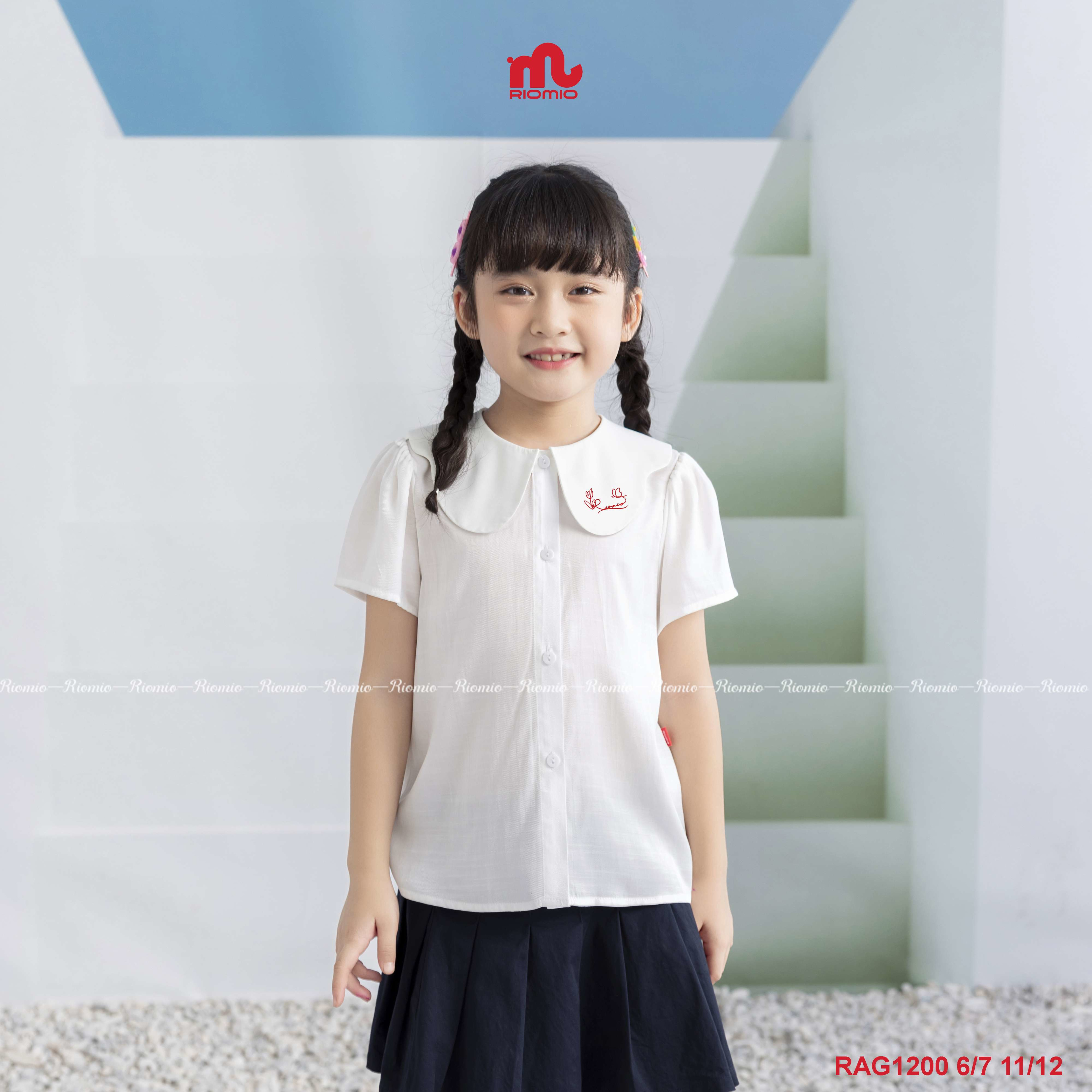 Áo sơ mi đũi cổ bản to thêu chữ bé gái 6–10 tuổi