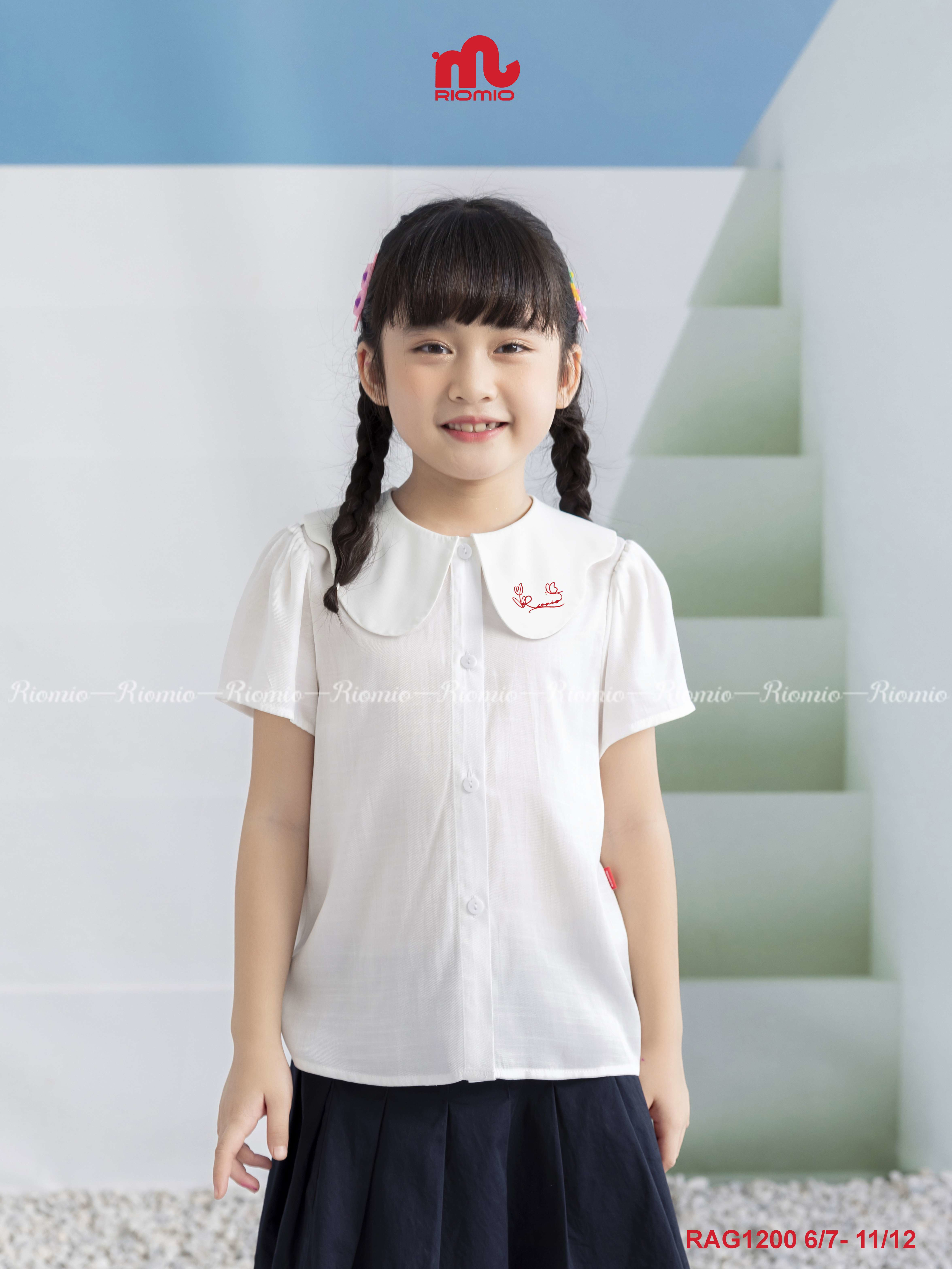 Áo sơ mi đũi cổ bản to thêu chữ bé gái 6–10 tuổi