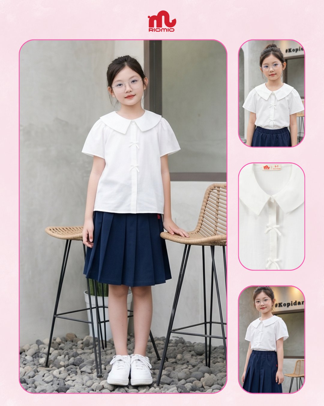 Áo sơ mi đũi cổ ren thêu bé gái 6–11 tuổi
