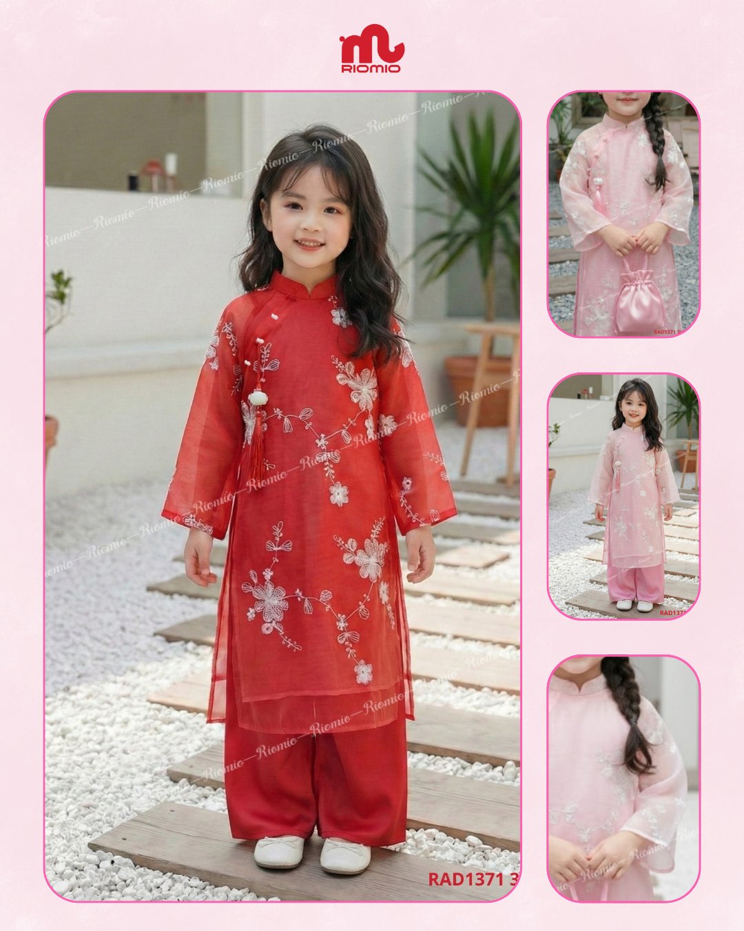 Áo dài tơ thêu hoa đính khánh hoa sen bé gái 3–11 tuổi