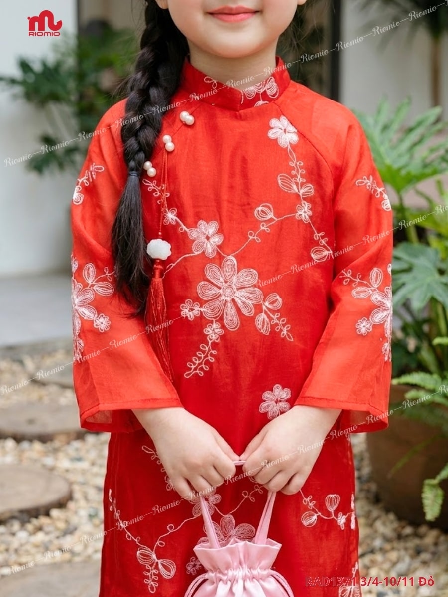 Áo dài tơ thêu hoa đính khánh hoa sen bé gái 3–11 tuổi