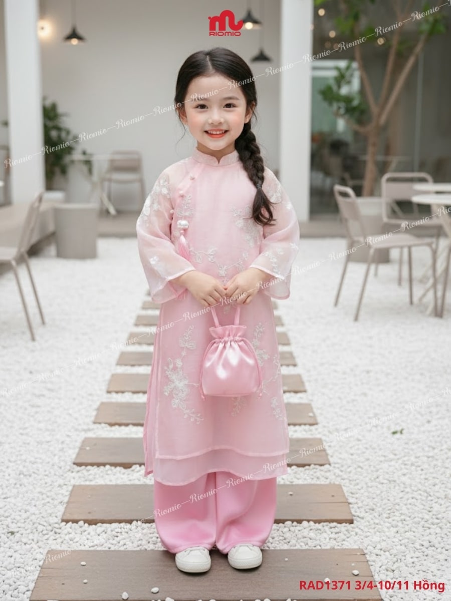 Áo dài tơ thêu hoa đính khánh hoa sen bé gái 3–11 tuổi