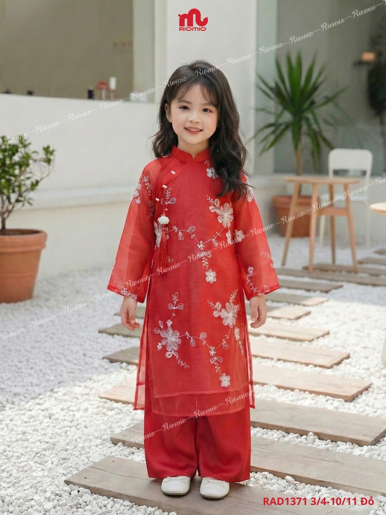 Áo dài tơ thêu hoa đính khánh hoa sen bé gái 3–11 tuổi