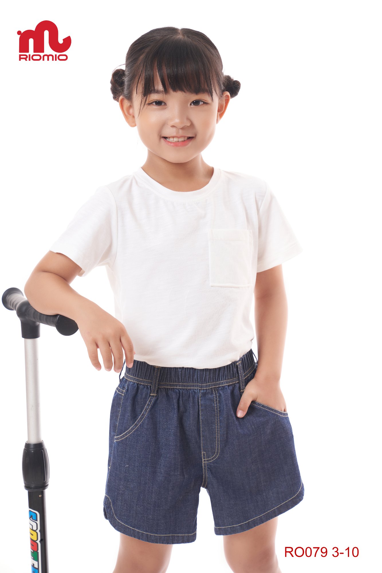 Quần sooc jeans gấu lượn túi chéo phối vải cho bé 4–7 tuổi