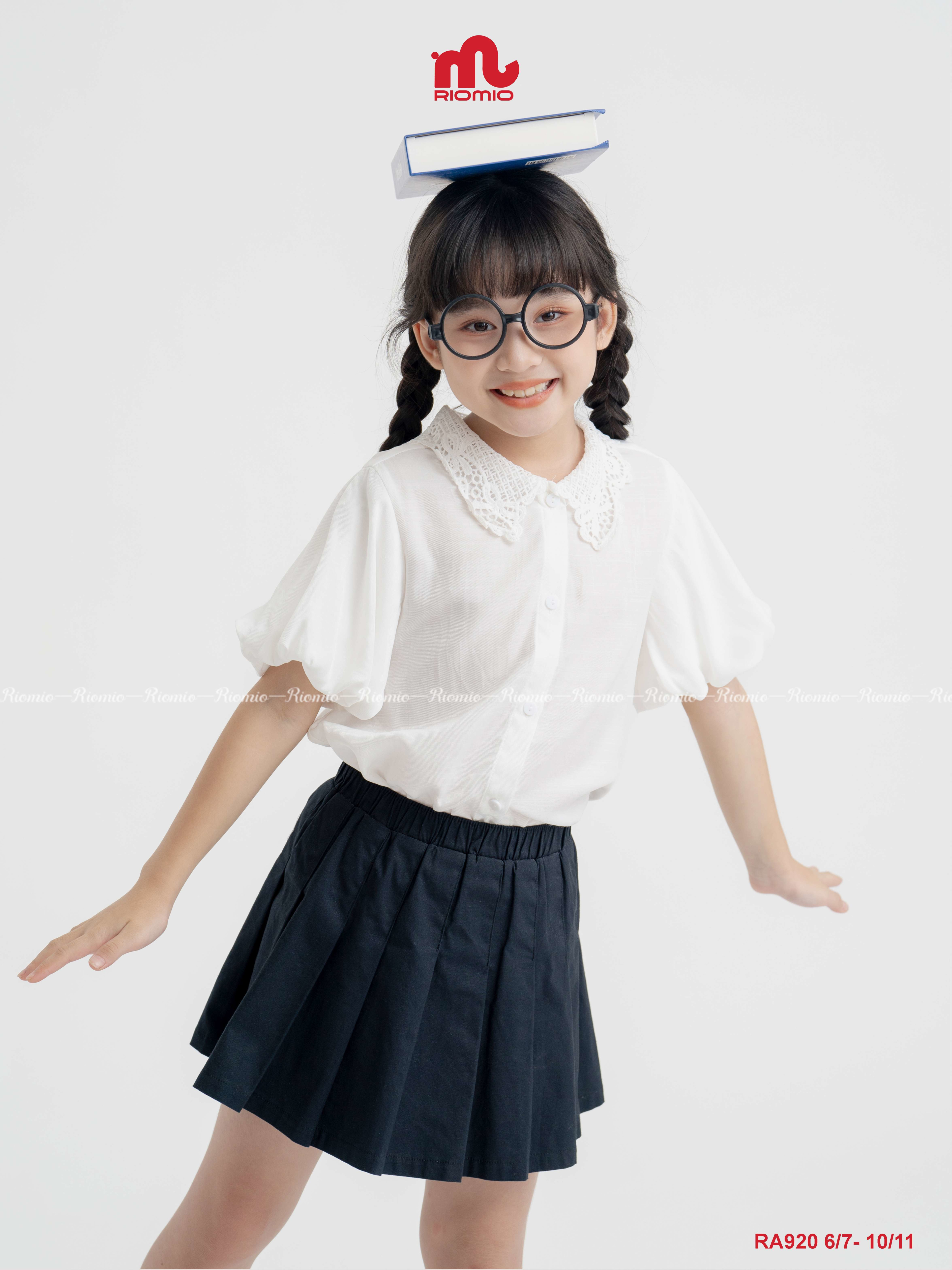 Áo sơ mi cộc tay cổ ren thêu Milky bé gái 7–10 tuổi