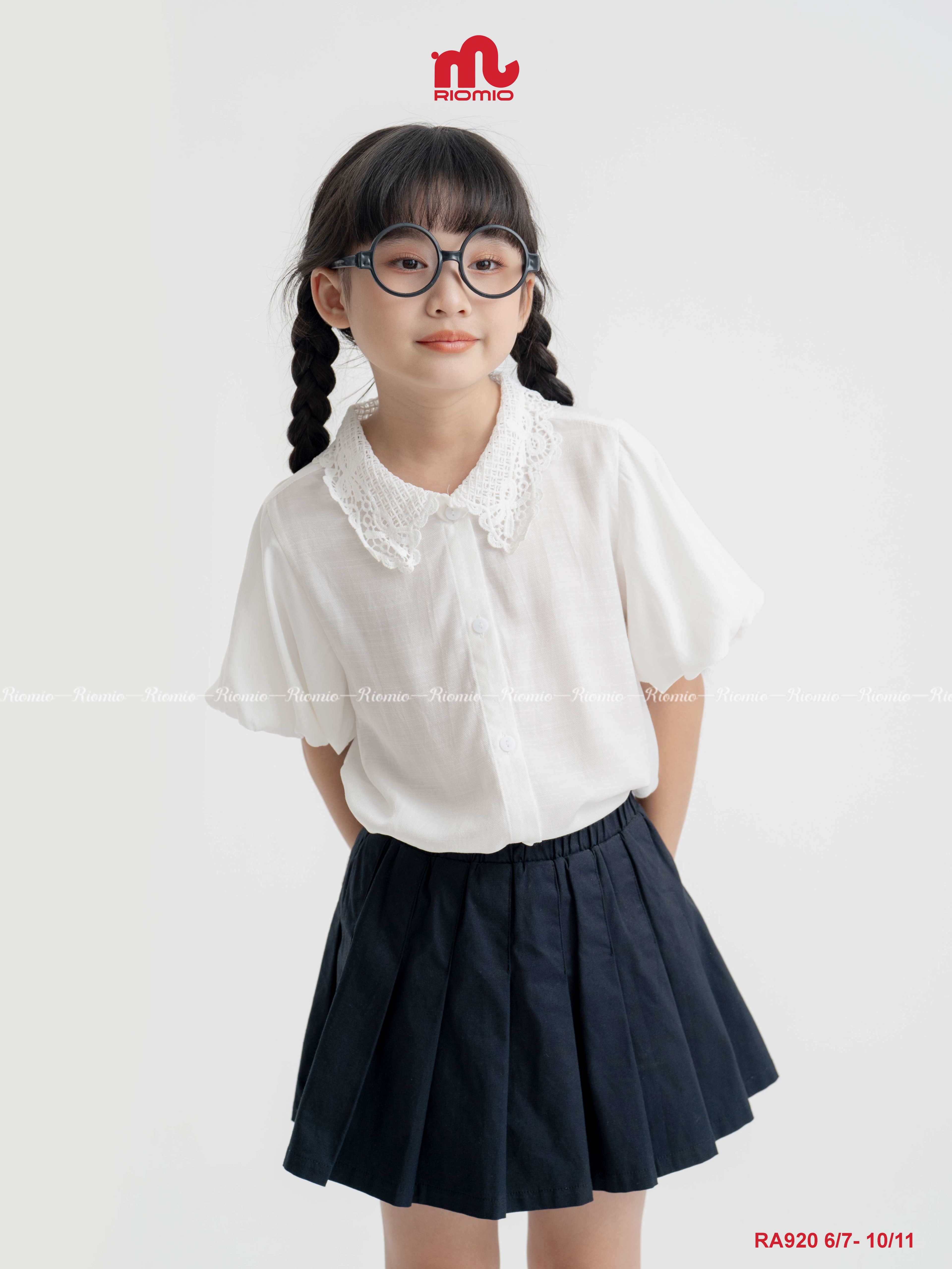 Áo sơ mi cộc tay cổ ren thêu Milky bé gái 7–10 tuổi