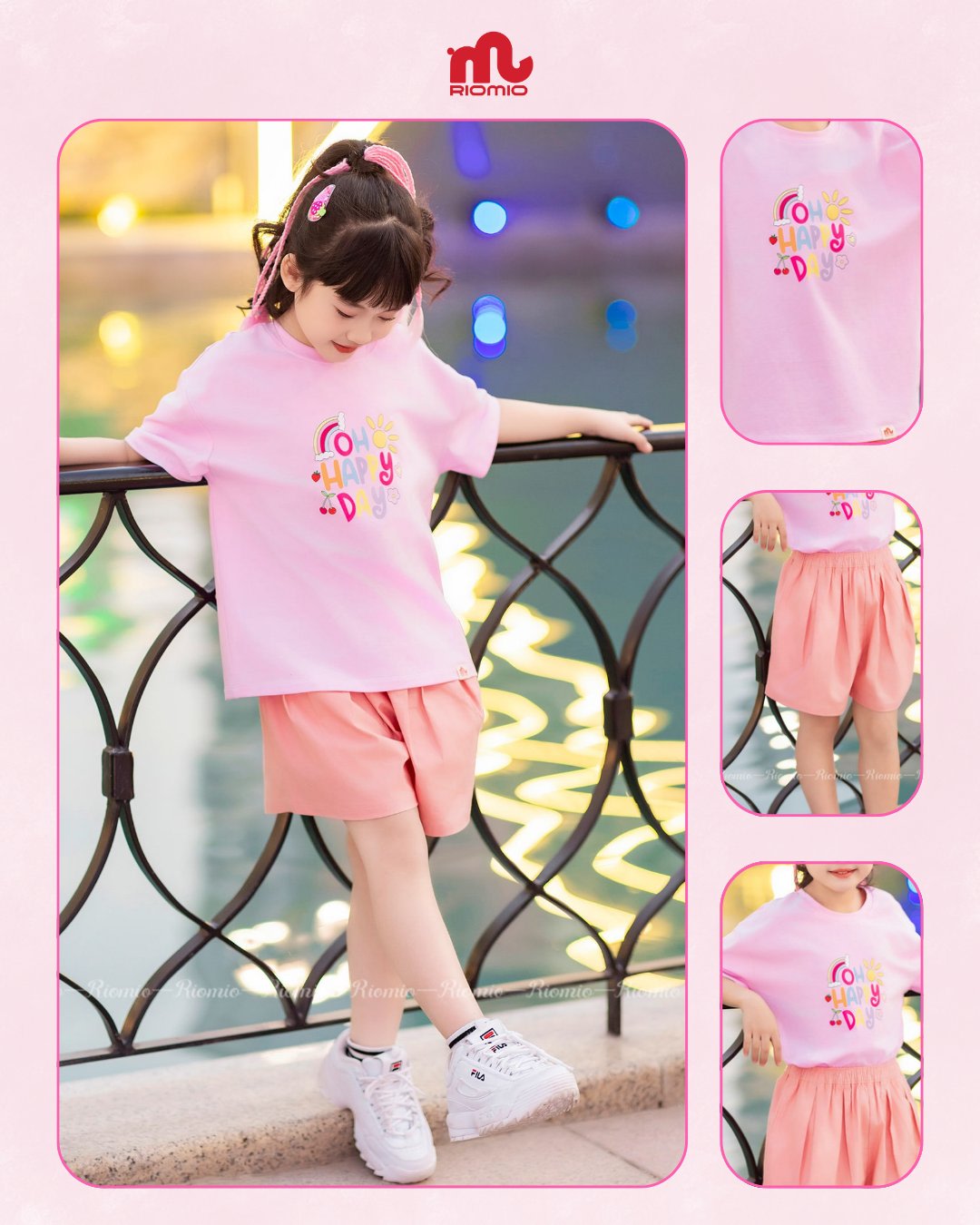 Set áo cotton in chữ happy day quần kaki xếp ly bé gái 7–11 tuổi