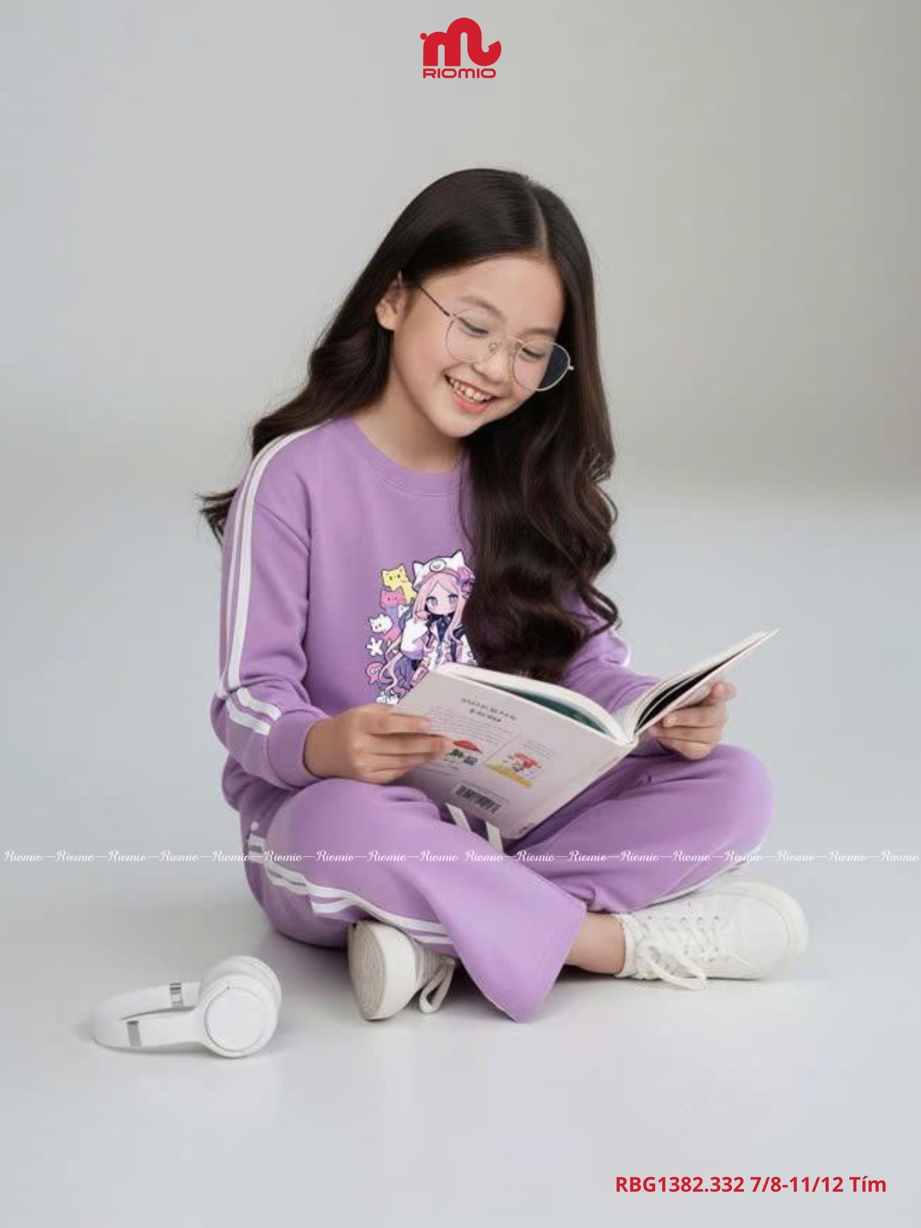 Bộ cotton dài tay dây dệt dọc ống màu tím bé gái 7–12 tuổi
