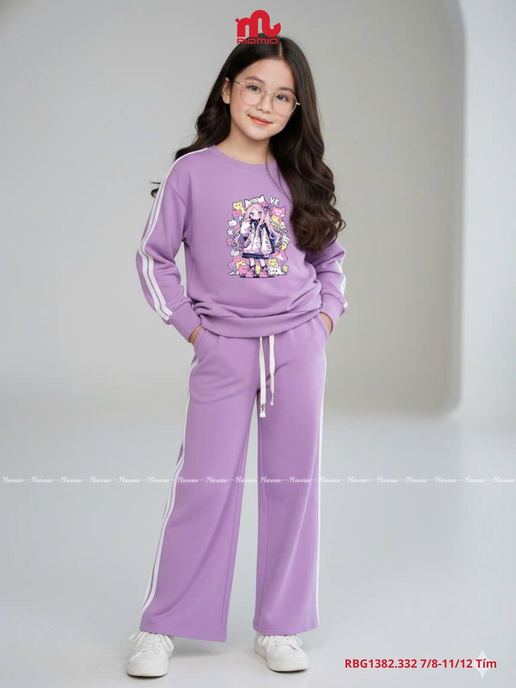 Bộ cotton dài tay dây dệt dọc ống màu tím bé gái 7–12 tuổi