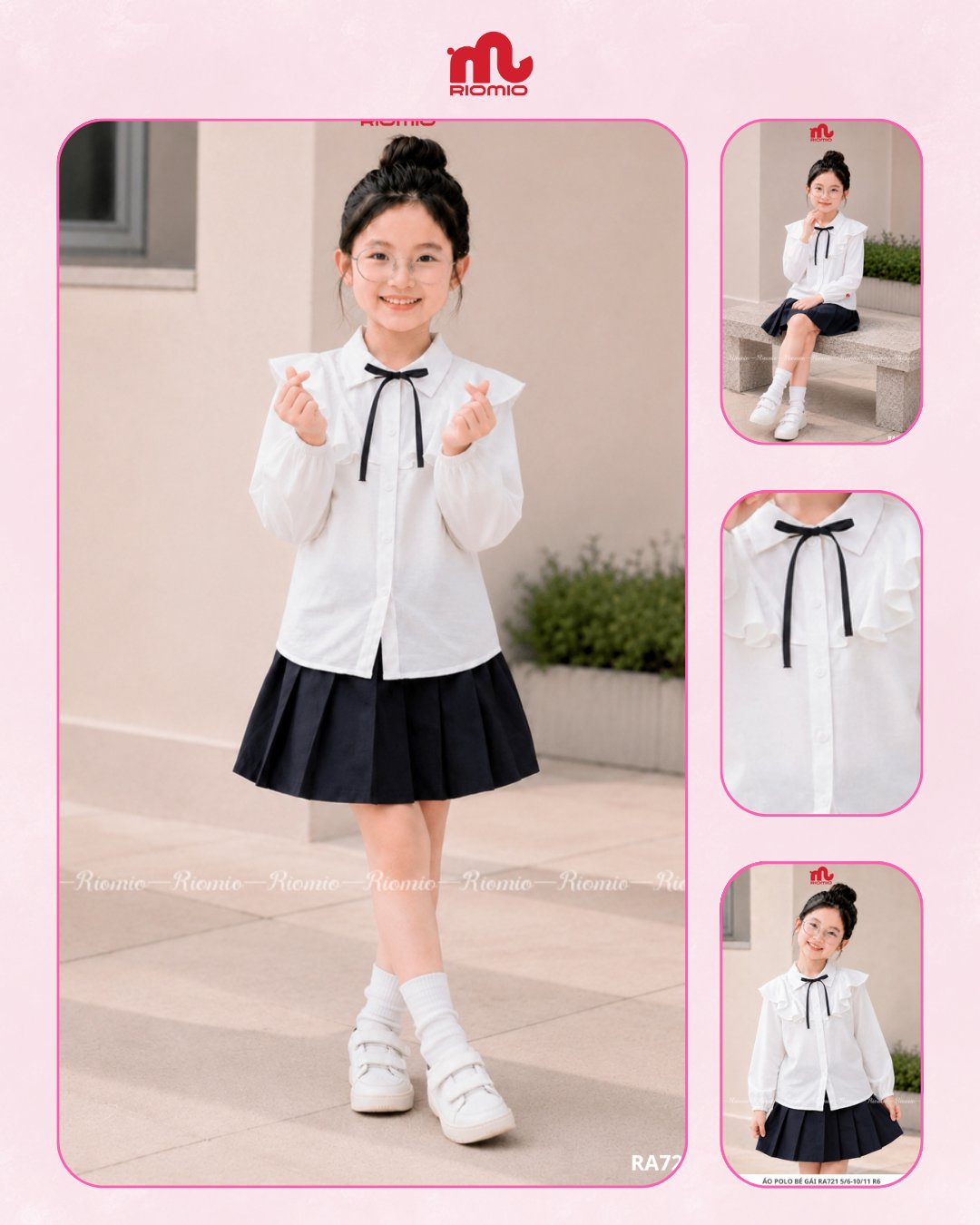 Áo sơ mi vải đũi mềm nhẹ cổ ren thêu bé gái 6–12 tuổi