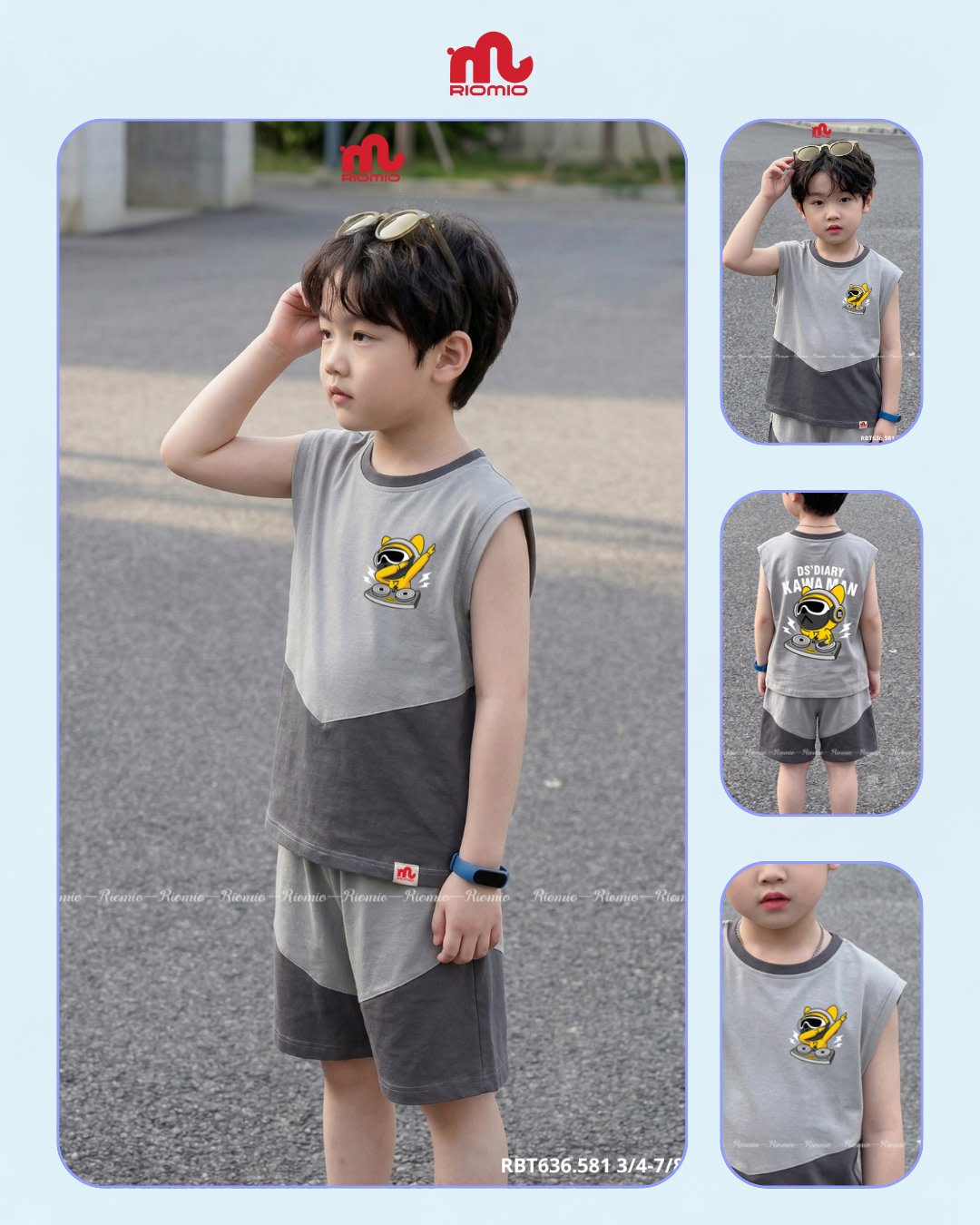 Bộ cotton phối màu thể thao màu ghi bé trai 3–8 tuổi