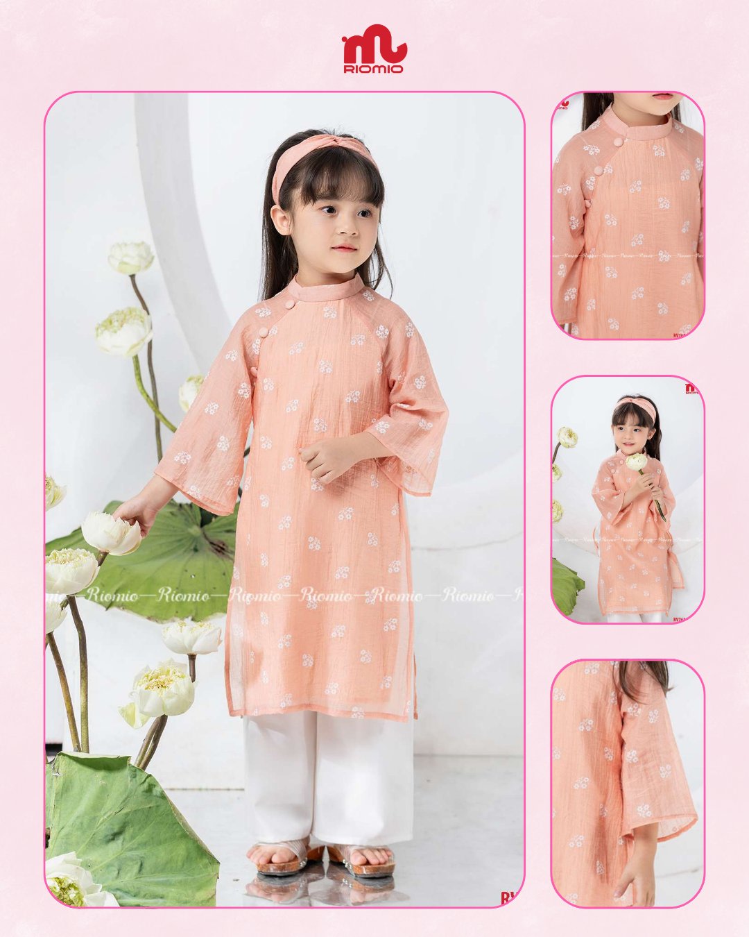 Áo dài Tết đũi thêu hoa phối quần lụa bé gái size 4/5
