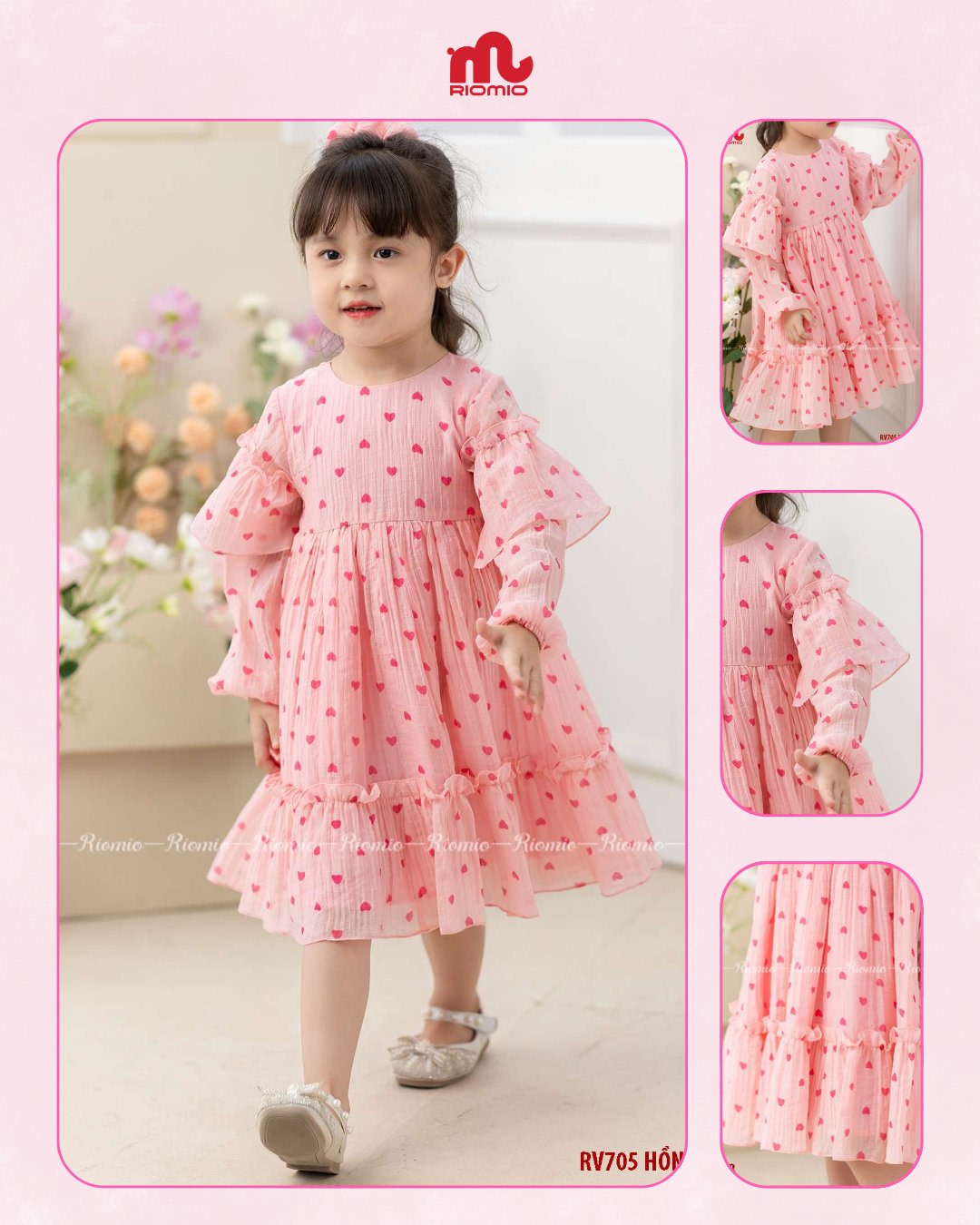 Váy công chúa vải tơ họa tiết tim nhún bèo bé gái size 6/7