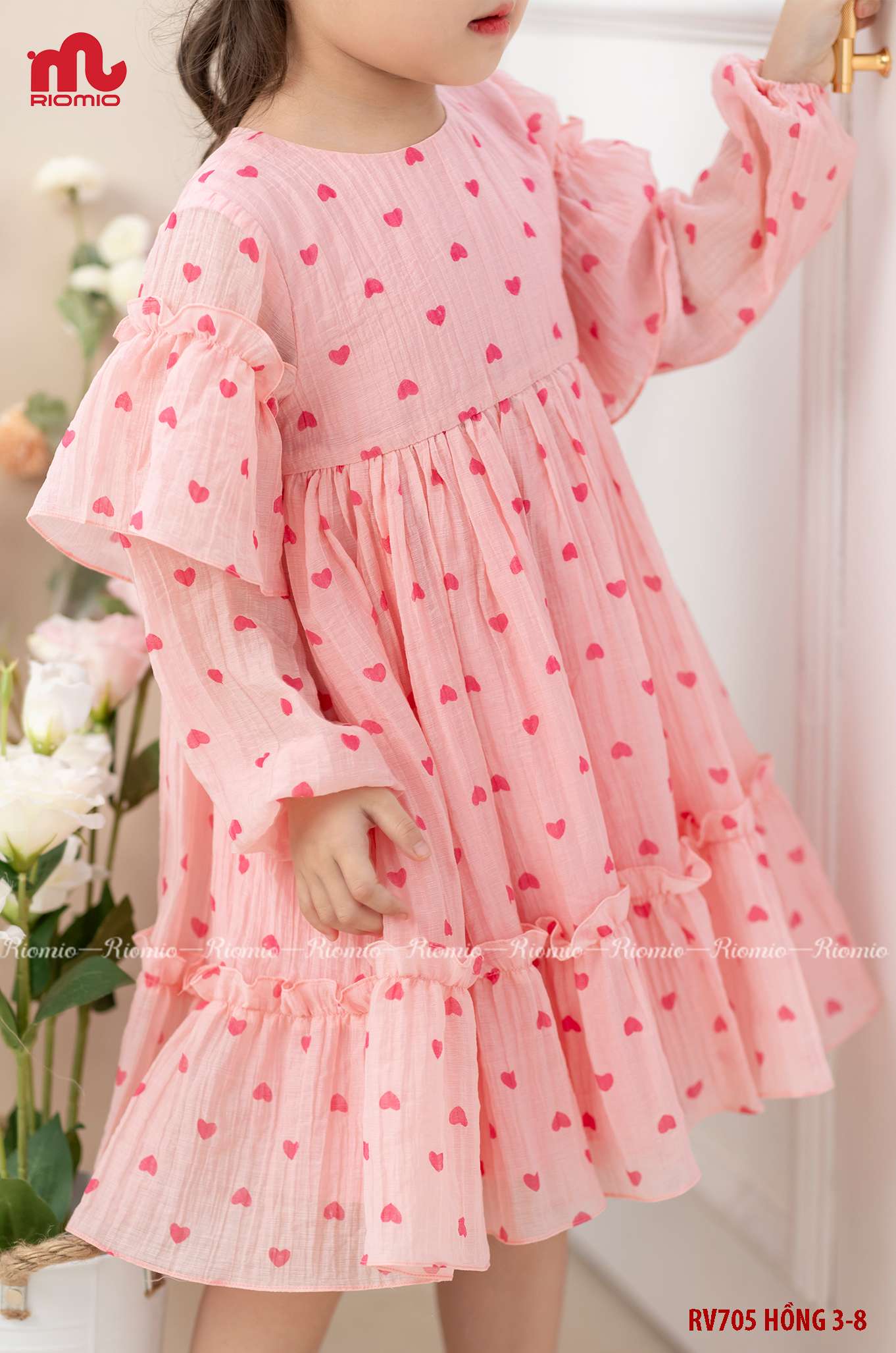 Váy công chúa vải tơ họa tiết tim nhún bèo bé gái size 6/7