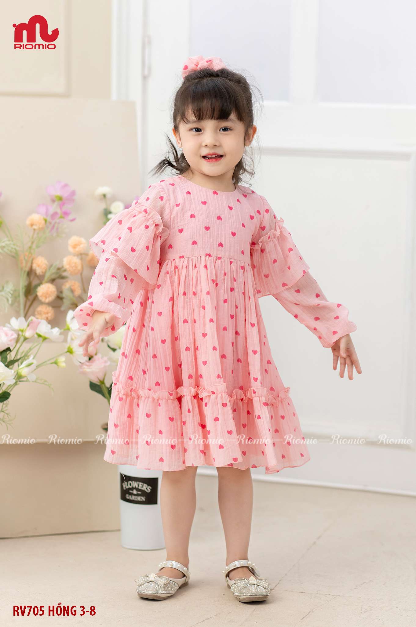 Váy công chúa vải tơ họa tiết tim nhún bèo bé gái size 6/7