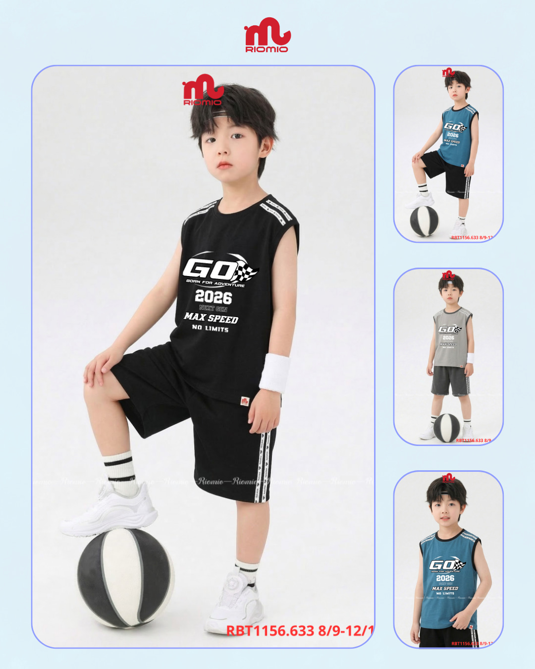 Bộ cotton viền cổ và nách phối dây dệt bé trai 8–13 tuổi