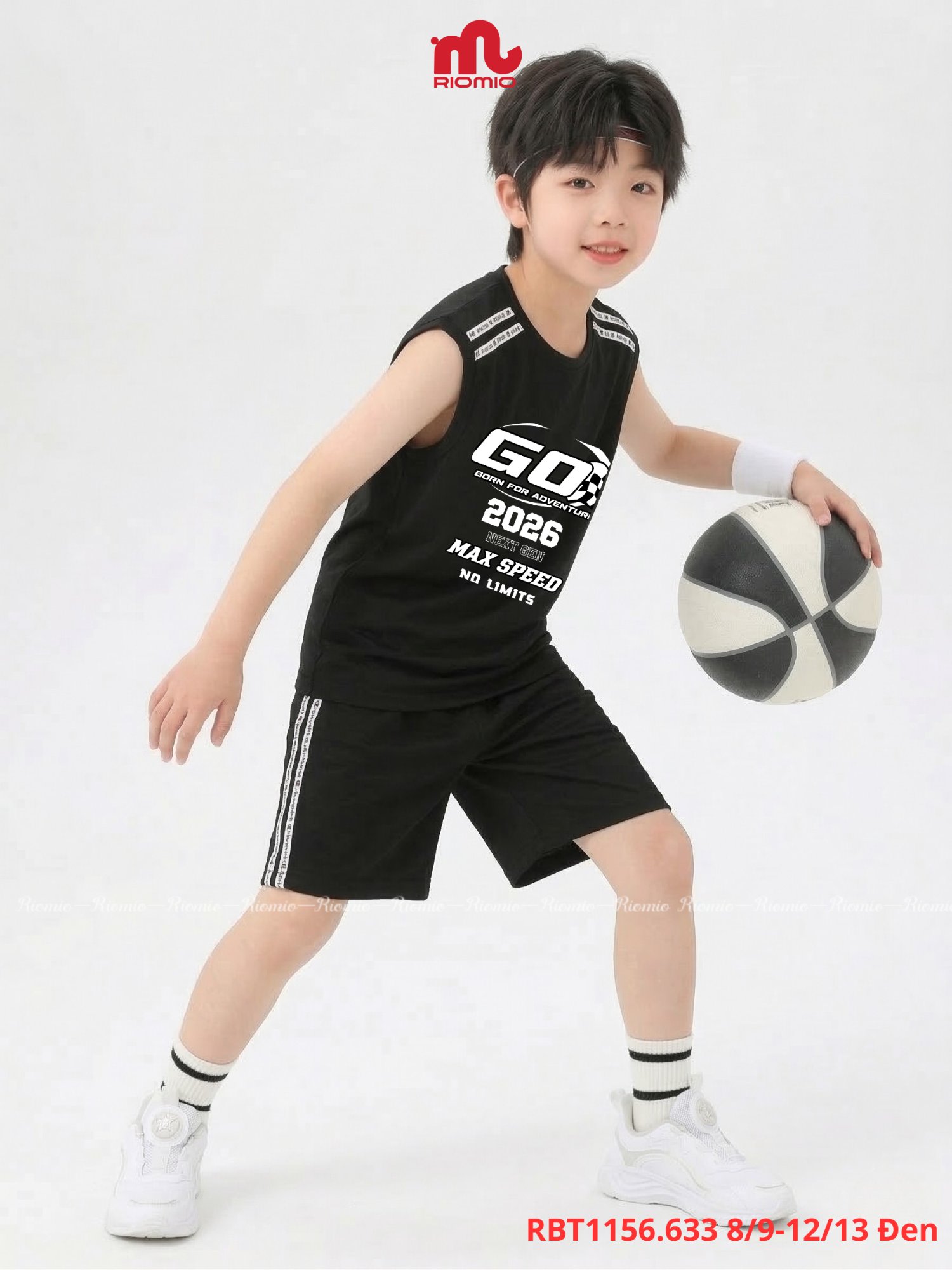 Bộ cotton viền cổ và nách phối dây dệt bé trai 8–13 tuổi