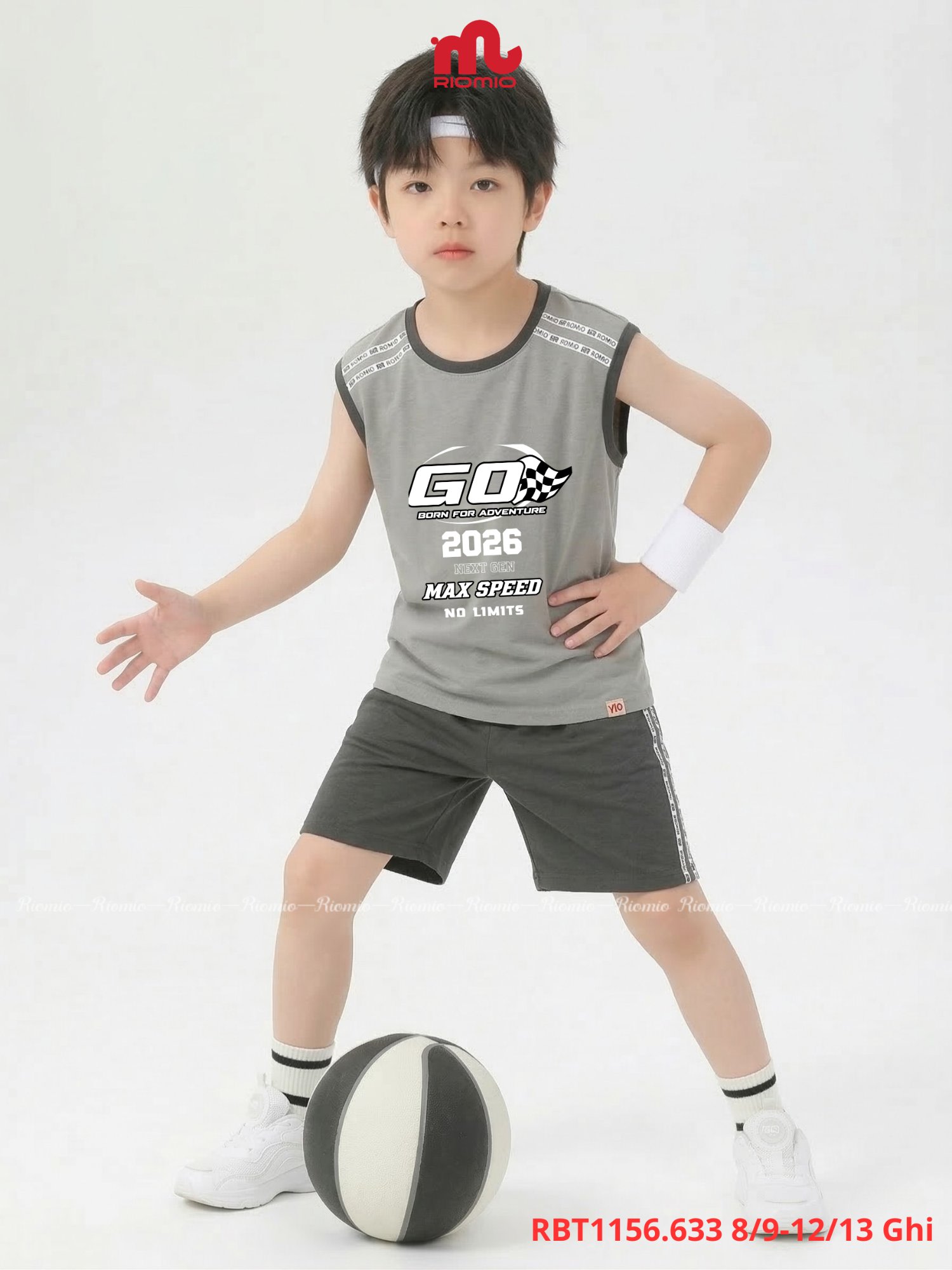 Bộ cotton viền cổ và nách phối dây dệt bé trai 8–13 tuổi
