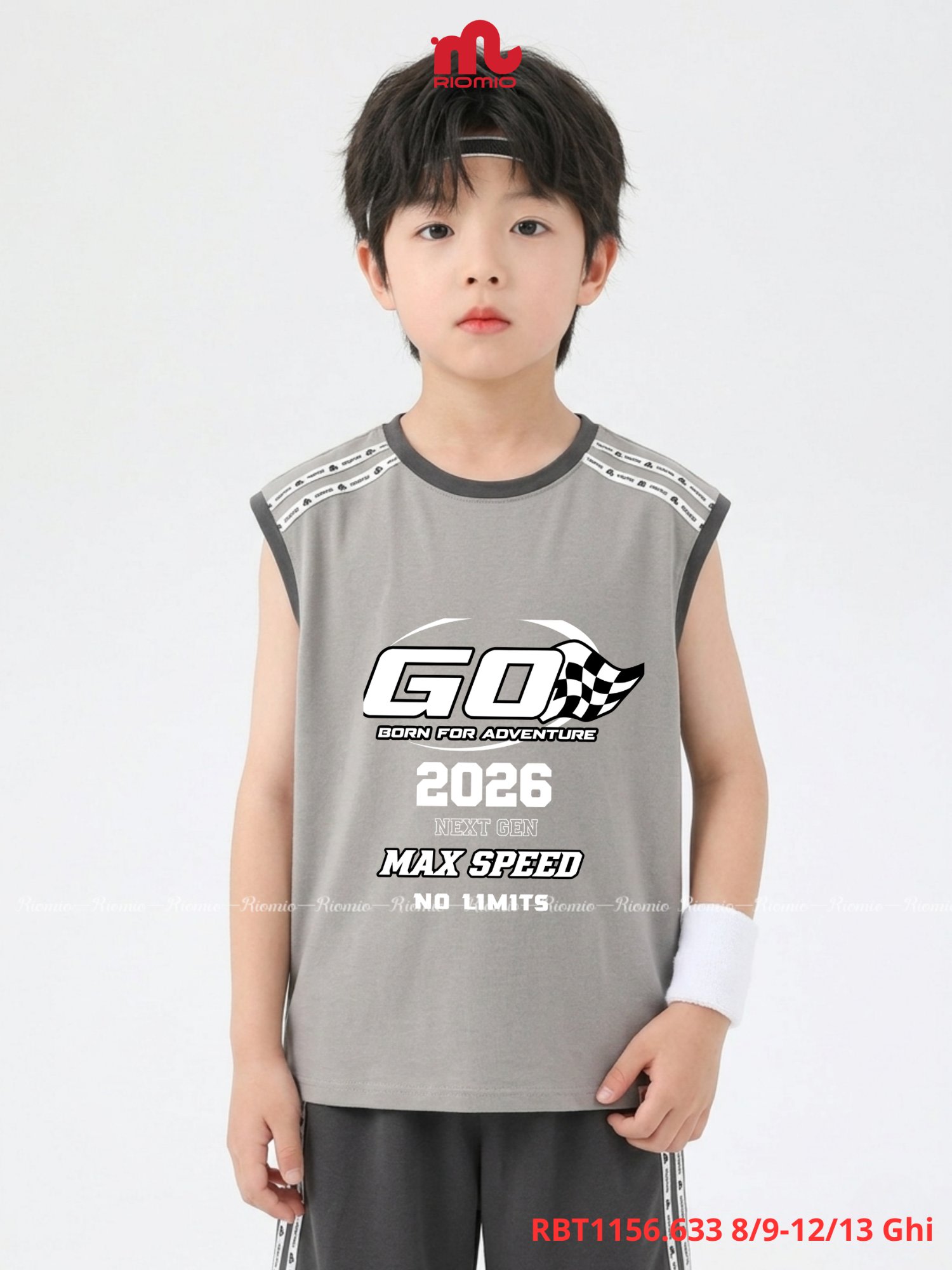 Bộ cotton viền cổ và nách phối dây dệt bé trai 8–13 tuổi