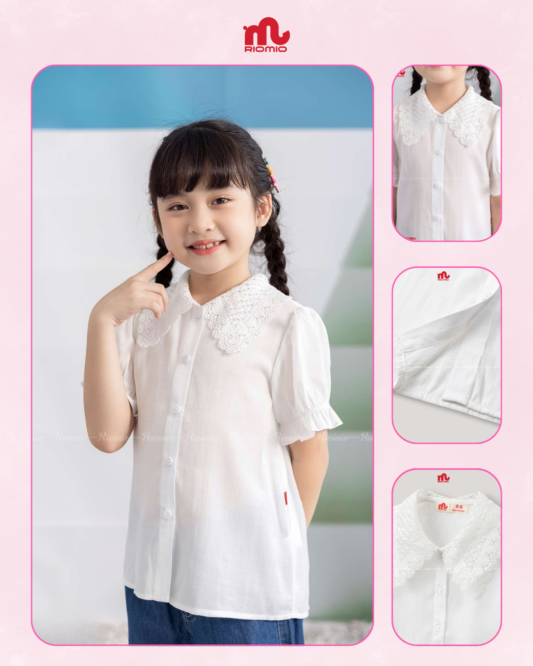 Áo sơ mi đũi cổ ren thêu bé gái 6–12 tuổi
