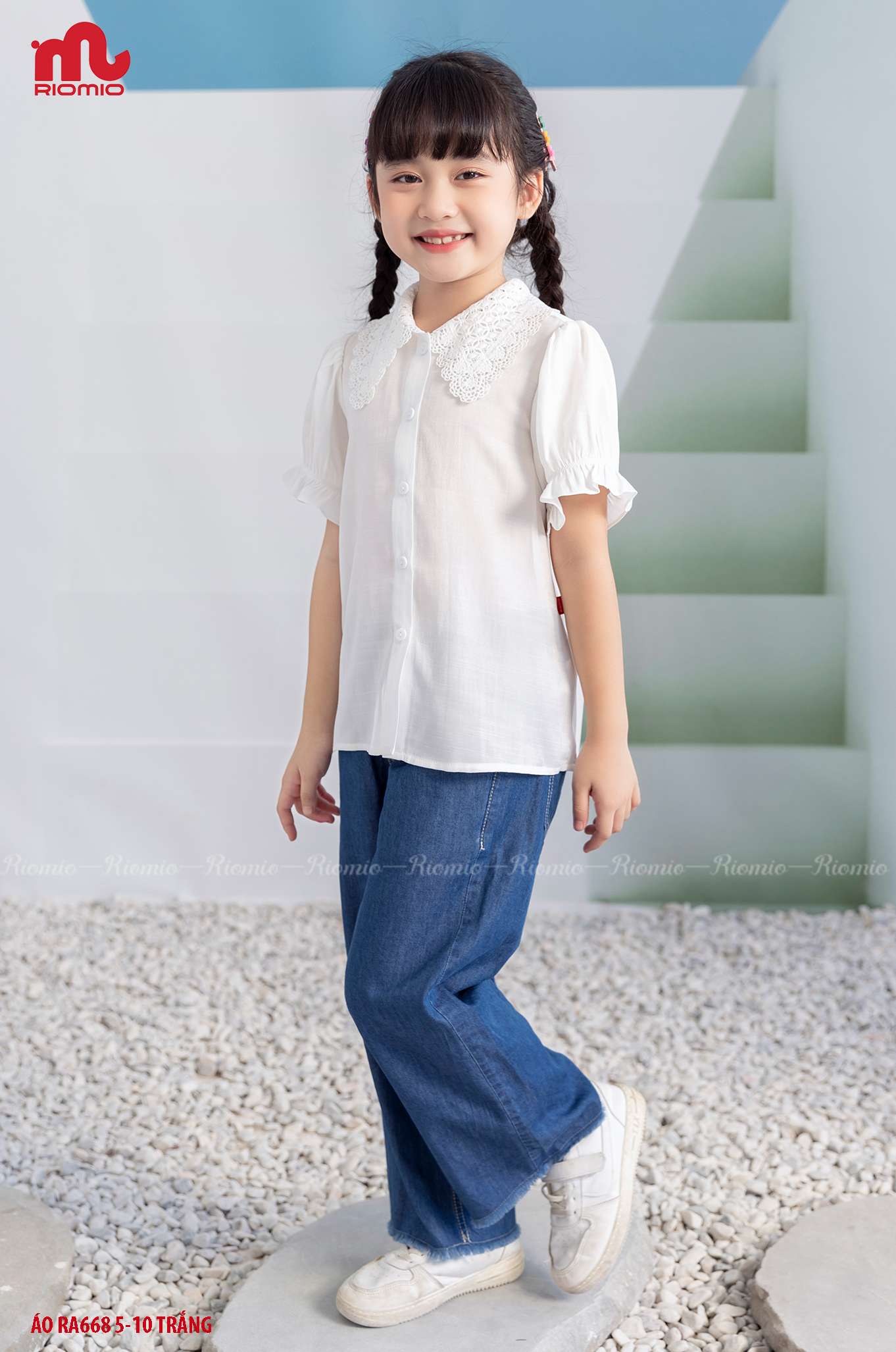 Áo sơ mi đũi cổ ren thêu bé gái 6–12 tuổi