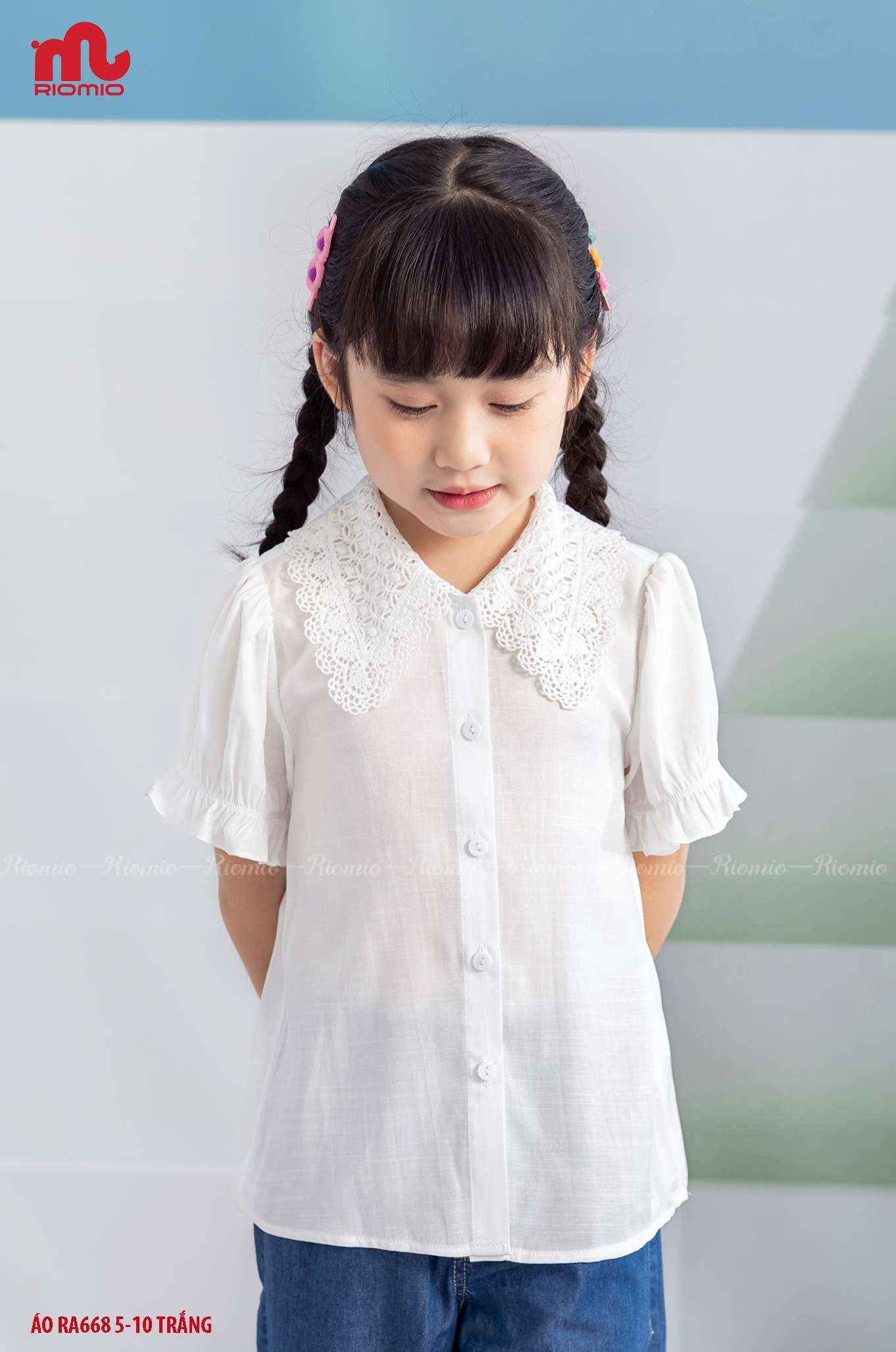 Áo sơ mi đũi cổ ren thêu bé gái 6–12 tuổi