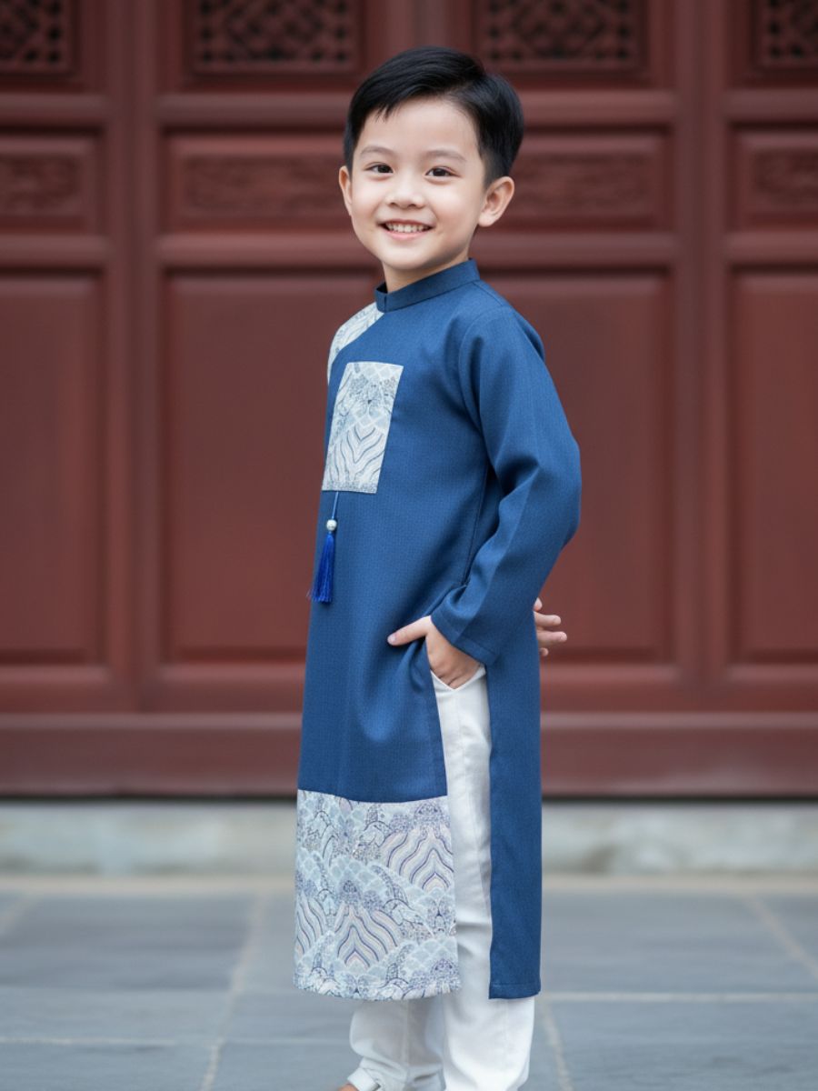 Áo dài Bảo Long phối gấm cổ truyền thống bé trai size 8/9