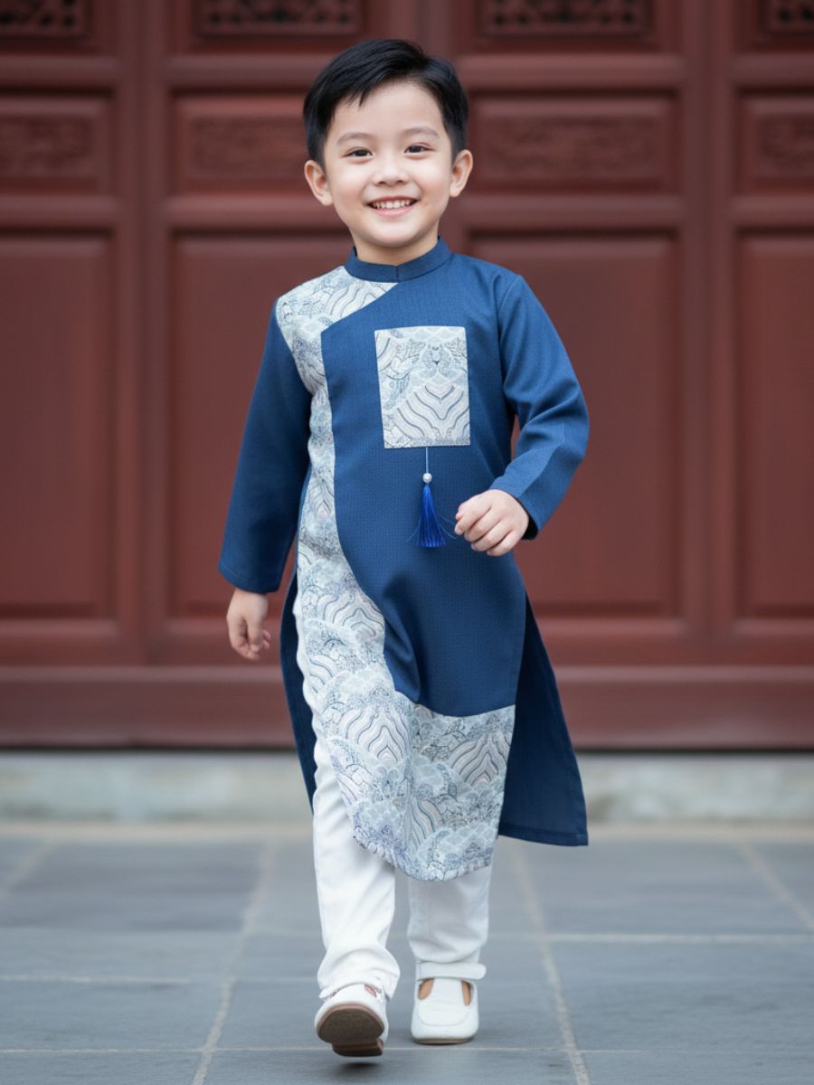 Áo dài Bảo Long phối gấm cổ truyền thống bé trai size 8/9