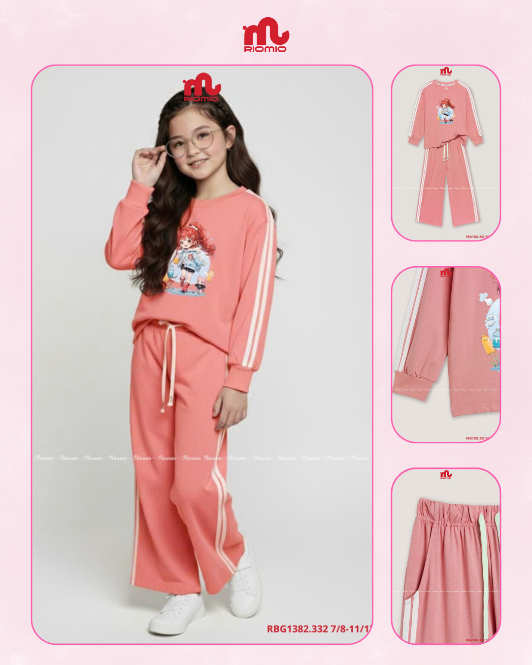 Bộ cotton dài tay dây dệt dọc ống màu hồng bé gái 7–12 tuổi