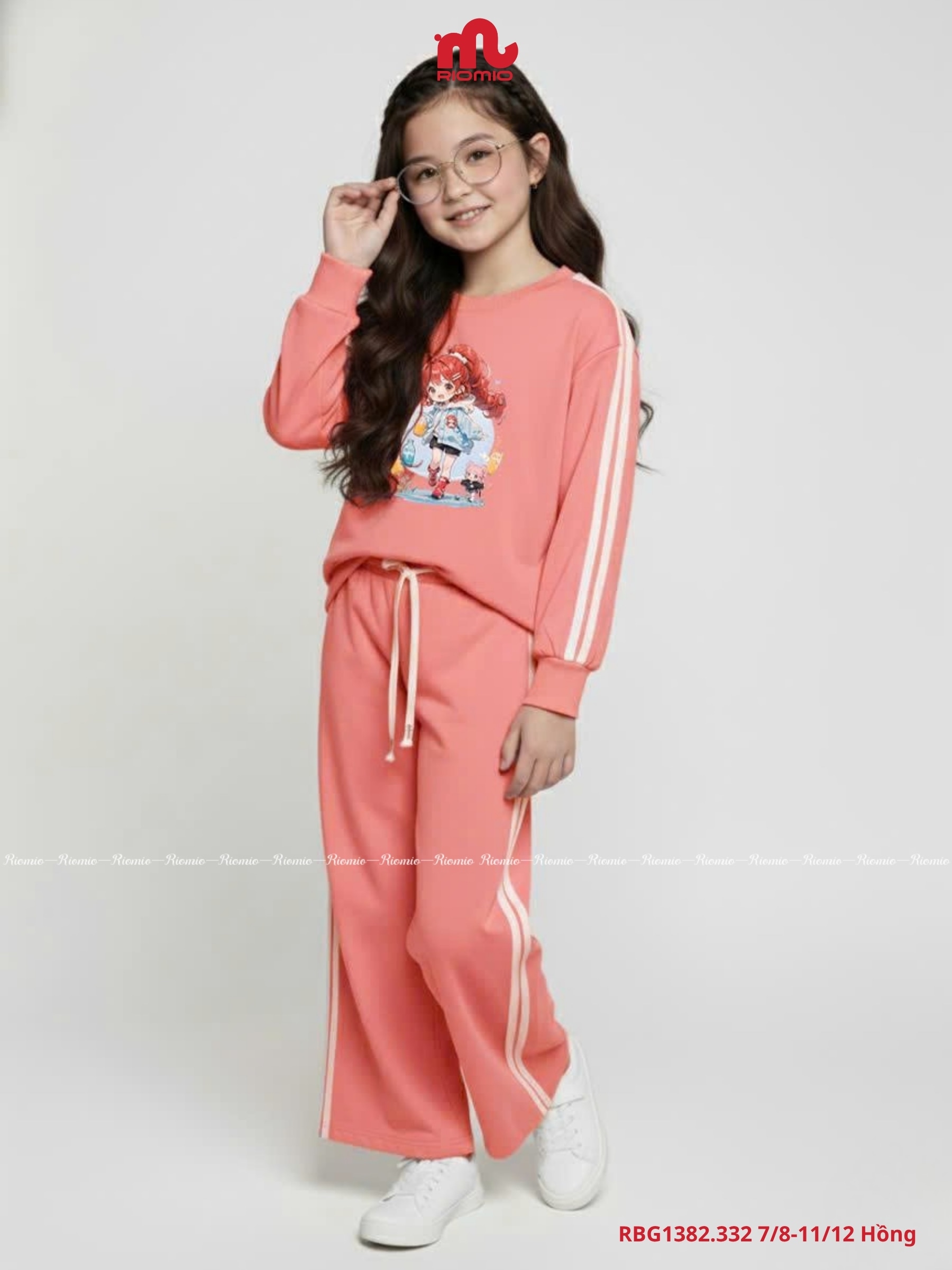 Bộ cotton dài tay dây dệt dọc ống màu hồng bé gái 7–12 tuổi