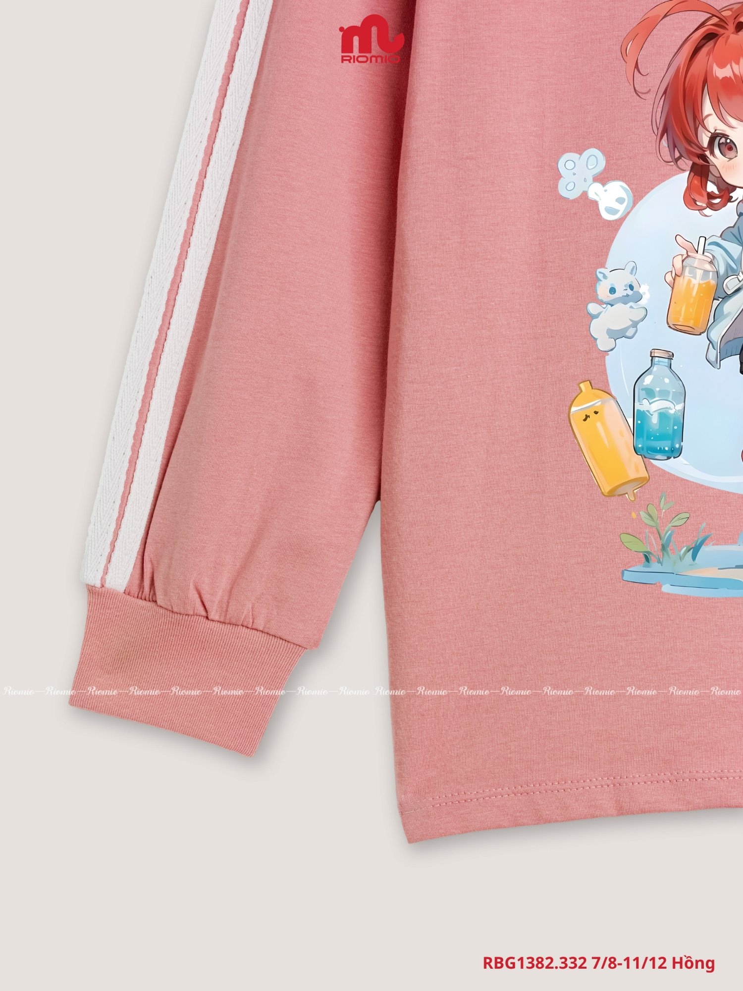Bộ cotton dài tay dây dệt dọc ống màu hồng bé gái 7–12 tuổi