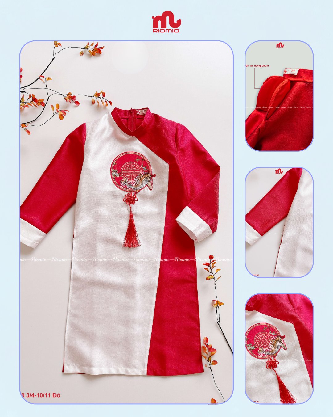 Áo dài Hưng Long tacta phối gấm cá chép hoa đào cho bé size 3/4