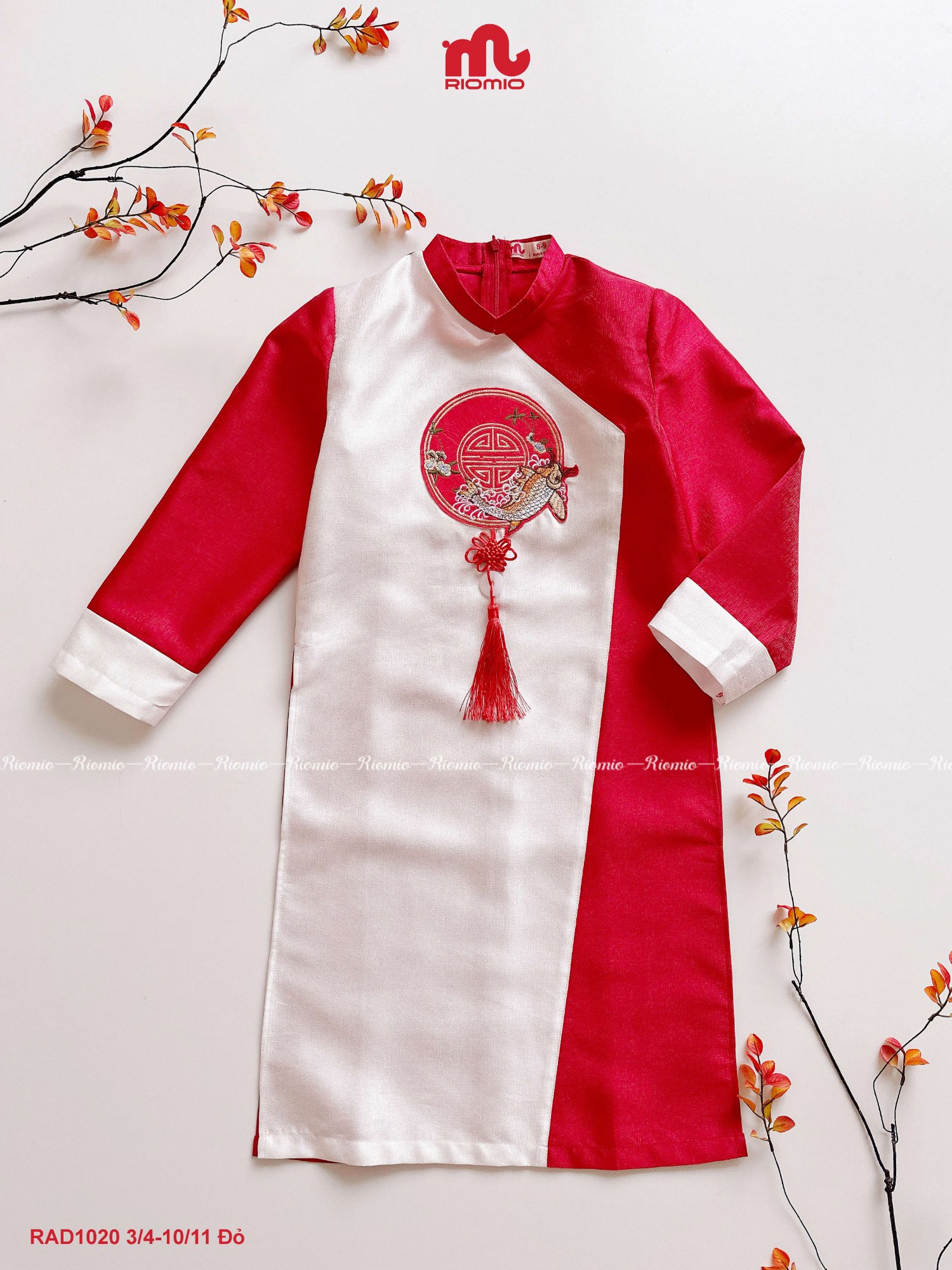 Áo dài Hưng Long tacta phối gấm cá chép hoa đào cho bé size 3/4