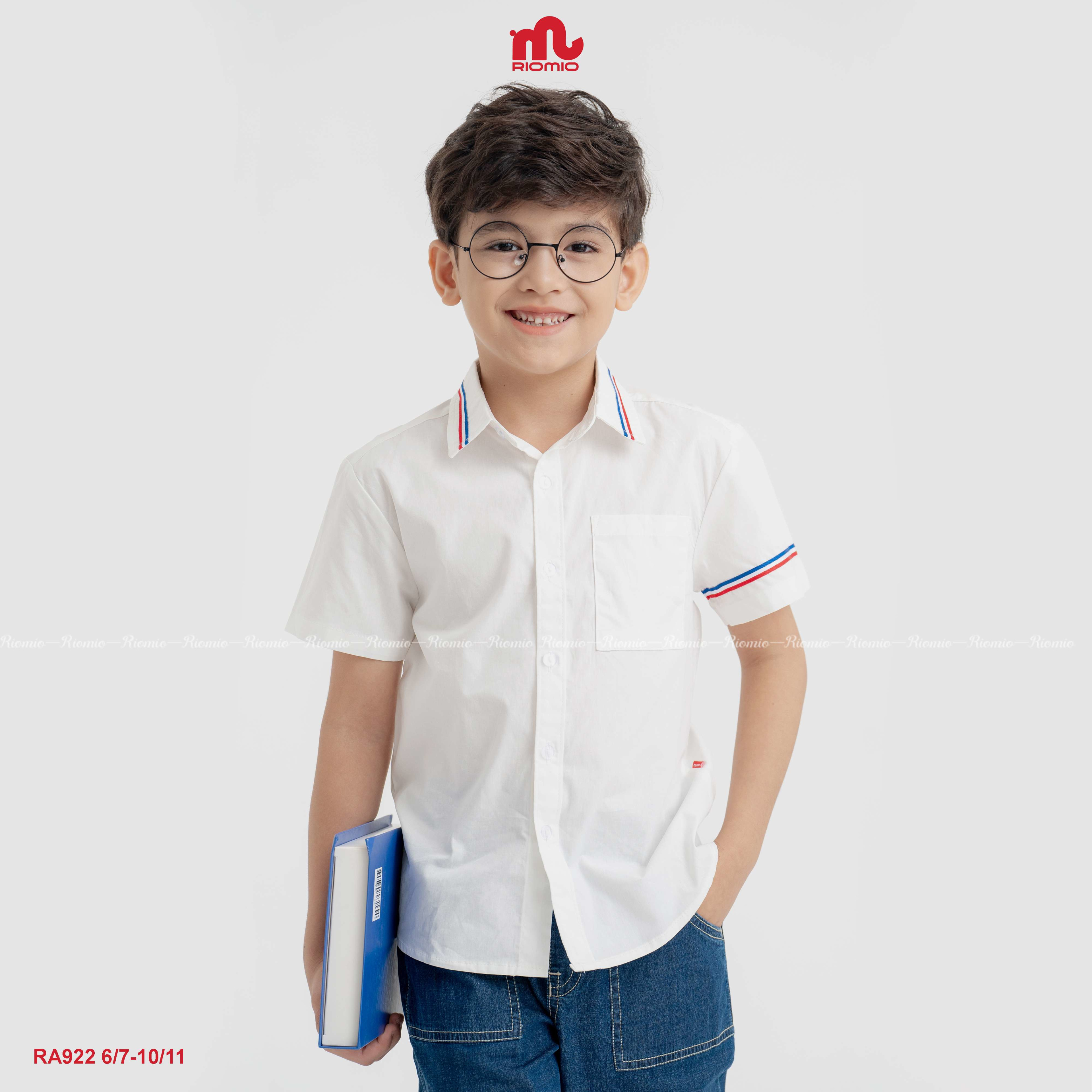 Áo sơ mi cộc tay Calix phối dây dệt bé trai size 6/7