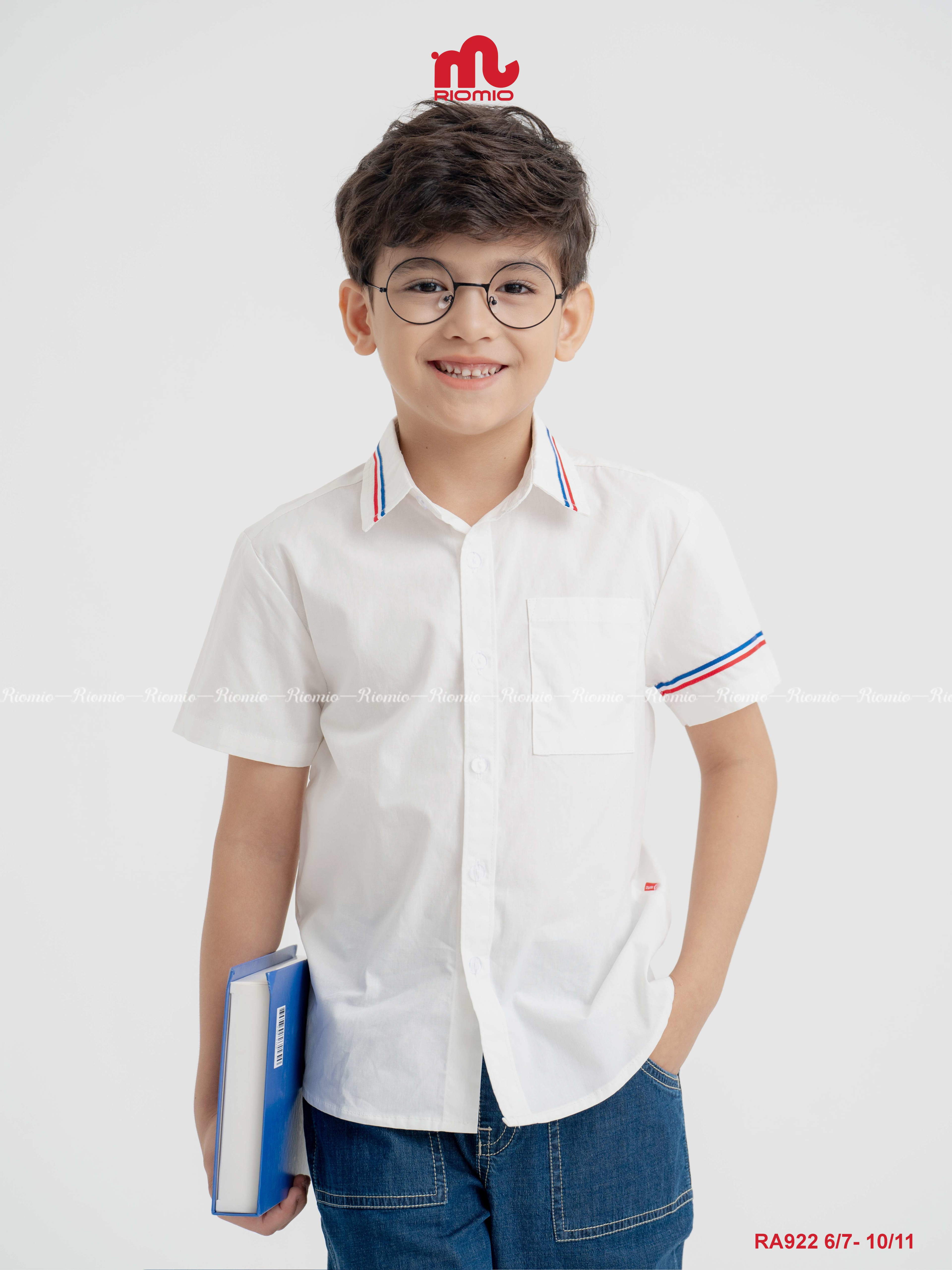 Áo sơ mi cộc tay Calix phối dây dệt bé trai size 6/7