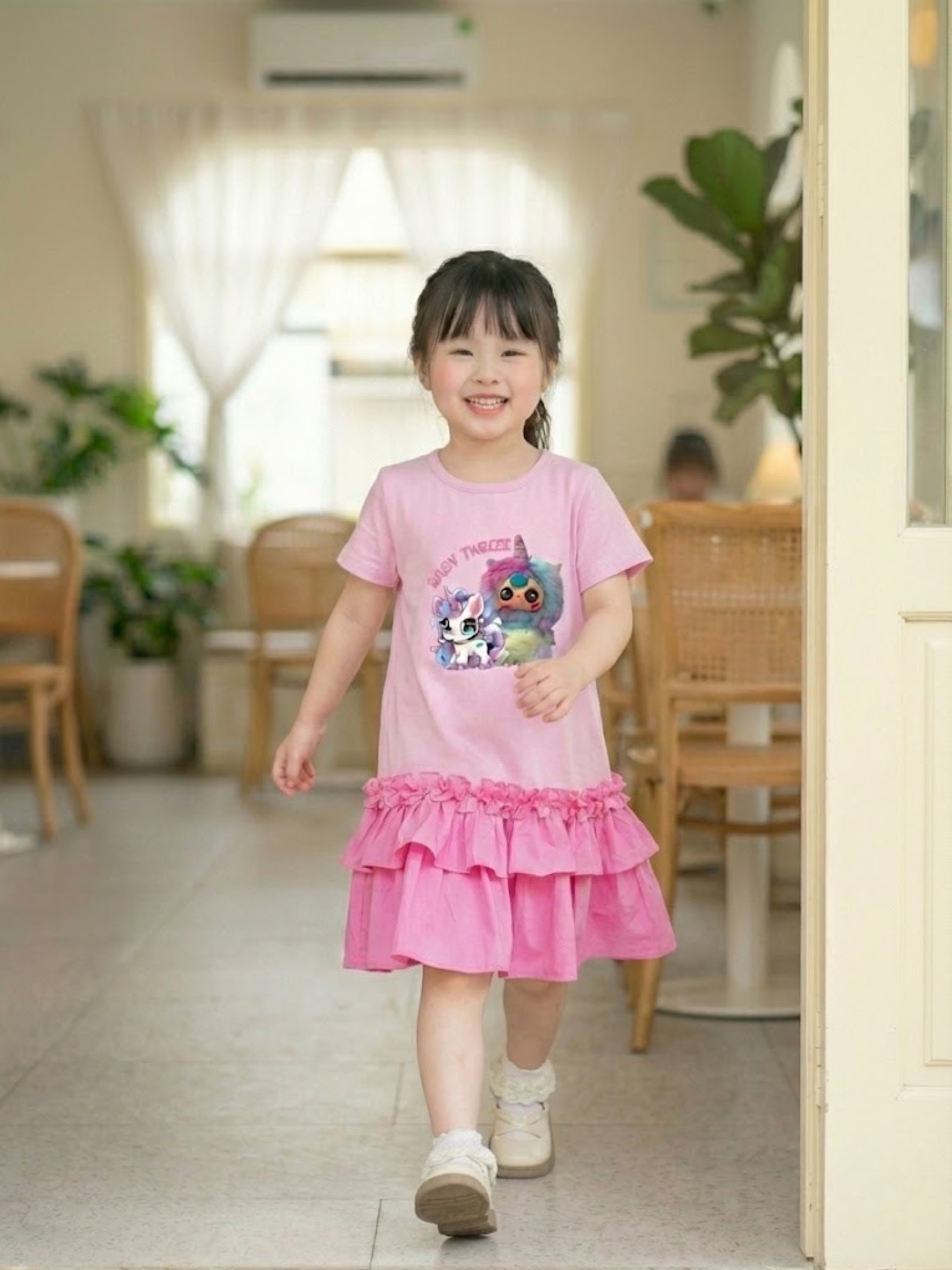 Váy cotton phối thô bèo đuôi cá in hình bé gái size 3/4