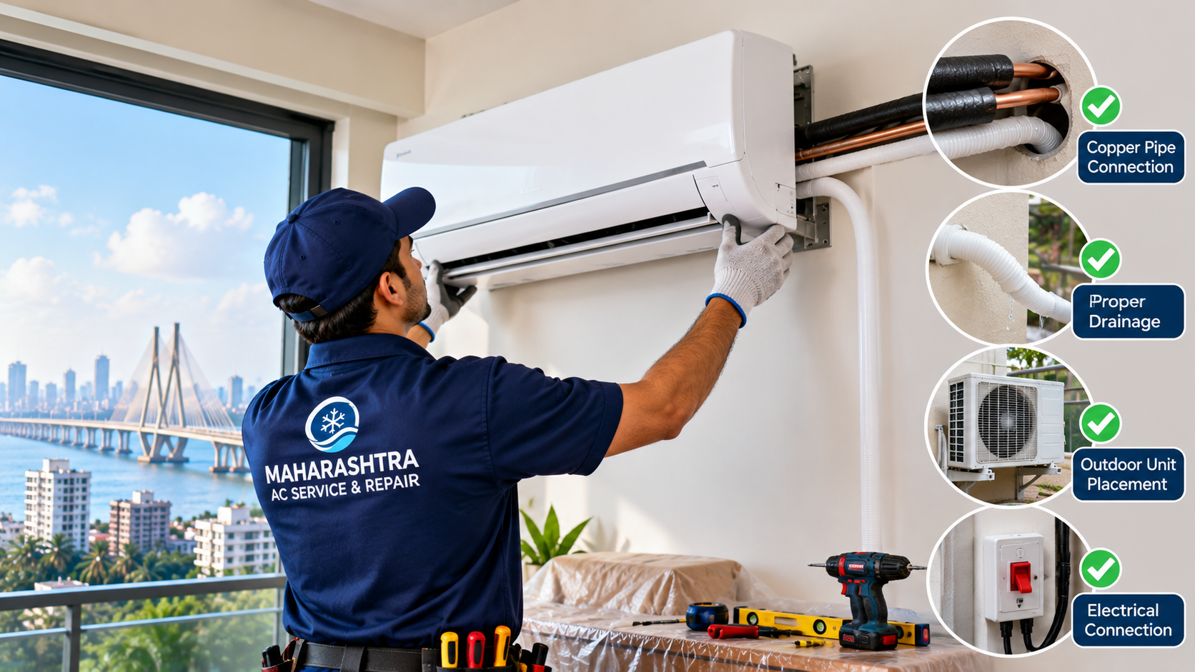 Technician installing a split air conditioner indoor unit and checking the installation setup