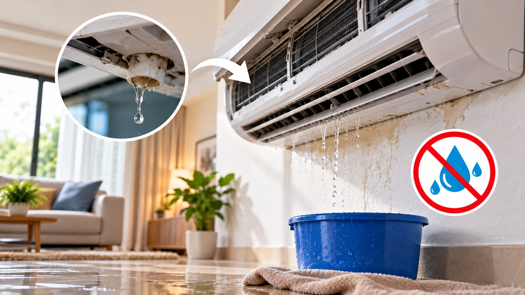 AC technician inspecting a wall-mounted indoor air conditioner for water leakage
