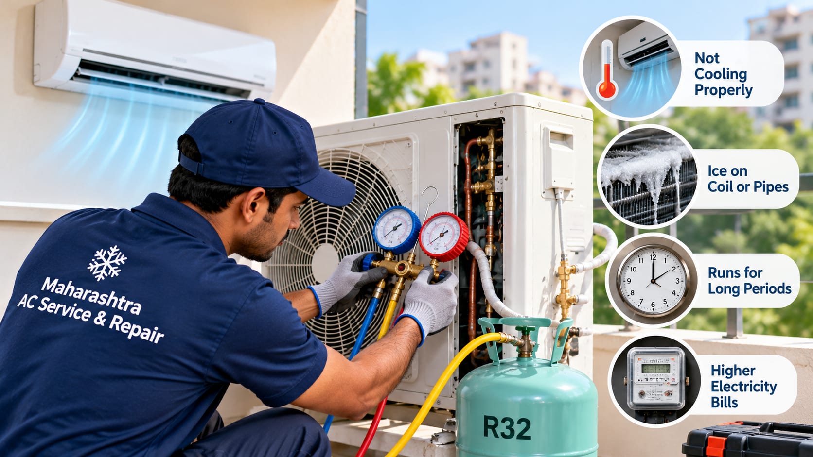 AC technician inspecting an air conditioner for low refrigerant and gas filling requirements