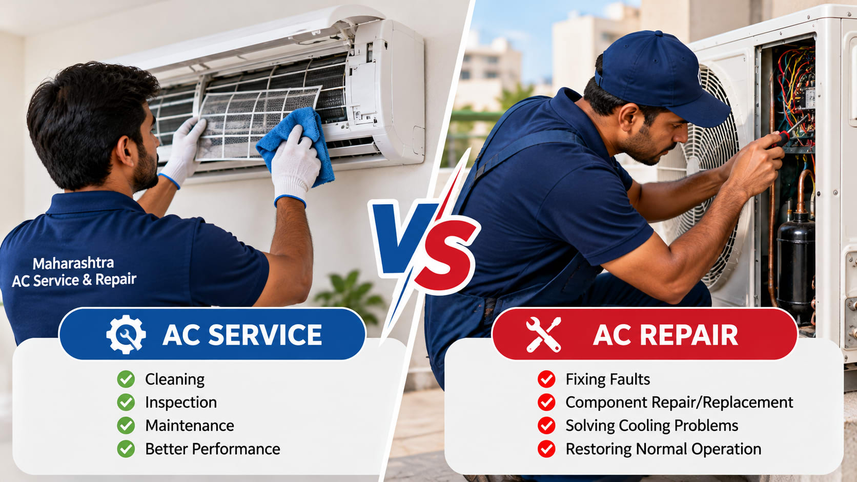 Technician inspecting a wall-mounted air conditioner during maintenance