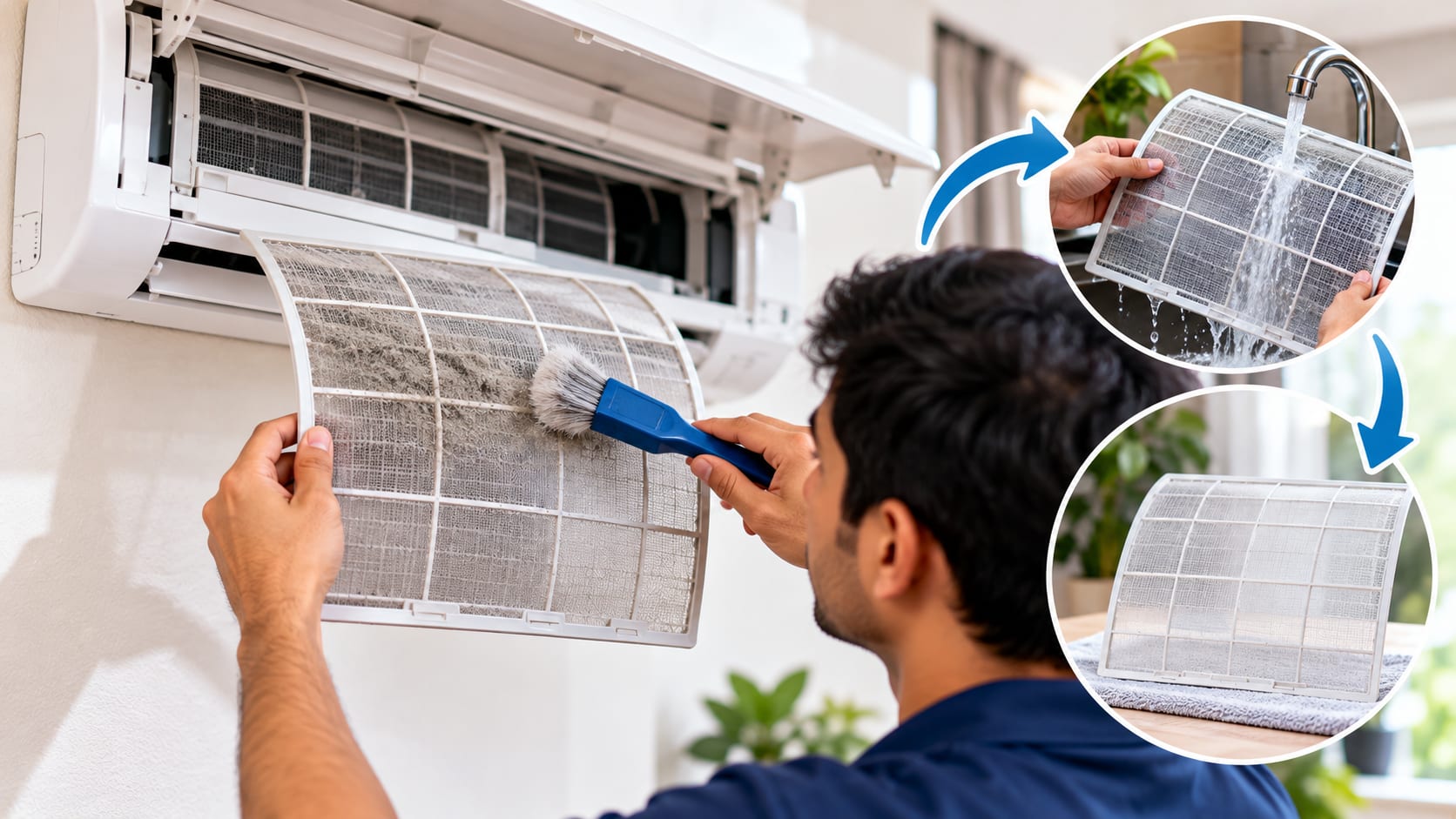 Air conditioner filter cleaning guide showing safe home maintenance for an AC filter