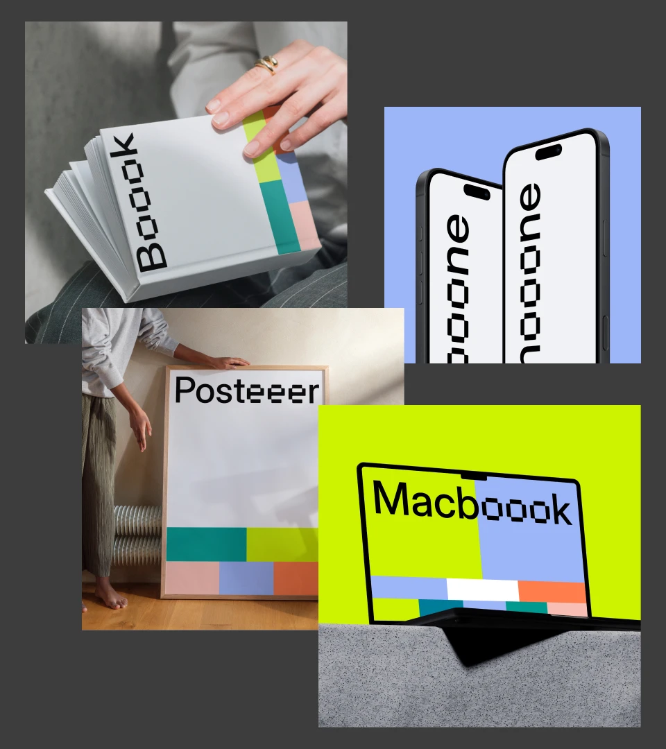 Biblioteca en crecimiento de mockups de dispositivos y print con ordenadores, portátiles, iPhones, tablets, tarjetas de visita y libros