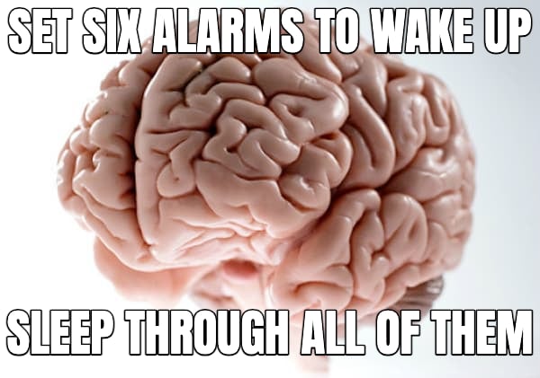 Scumbag Brain meme: SET SIX ALARMS TO WAKE UP — SLEEP THROUGH ALL OF THEM
