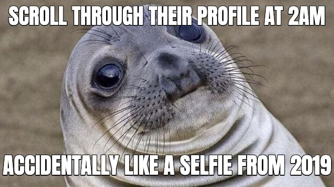 Awkward Moment Seal meme: scroll through their profile at 2am — accidentally like a selfie from 2019