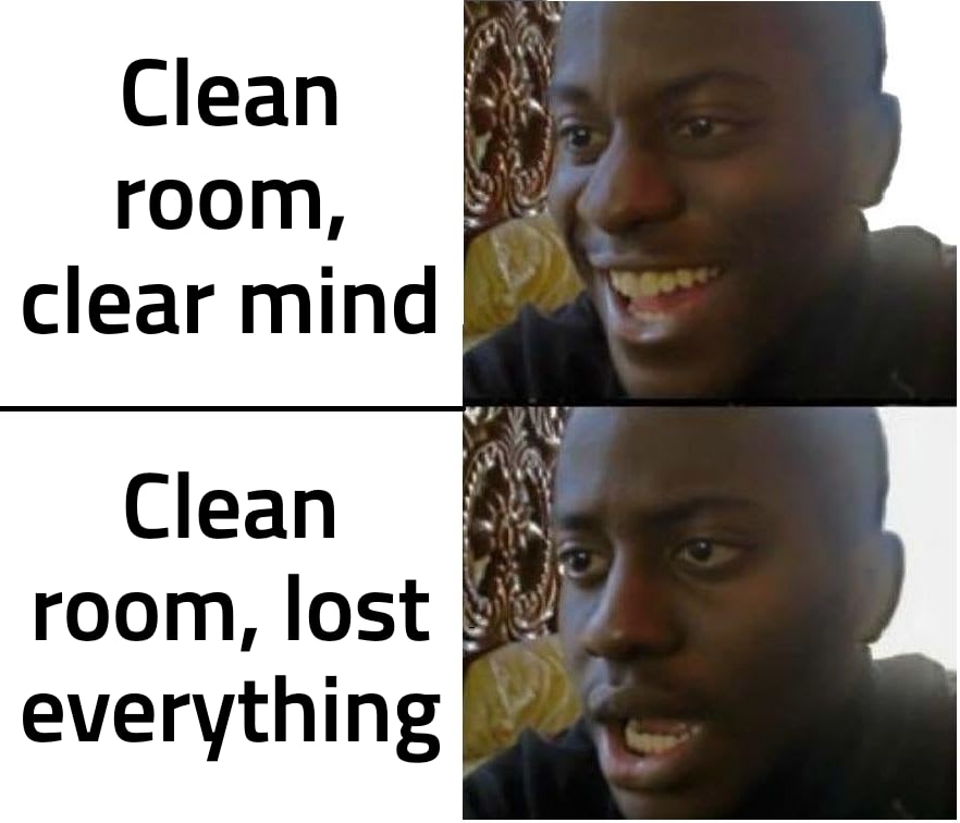 Expectation vs. Reality meme: Clean room, clear mind — Clean room, lost everything