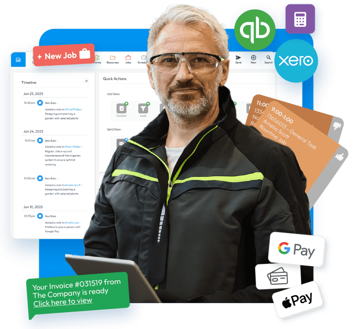 Professional tradesman using Formitize software on-site with integrated tools like job scheduling, client management, invoicing, and seamless Xero and QuickBooks accounting. Accepts payments via Apple Pay and Google Pay. The all-in-one business platform for smarter job management.