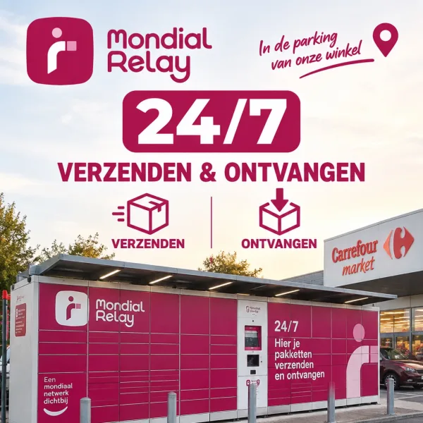 Mondial Relay-punt op onze parking, 24/7 toegankelijk.